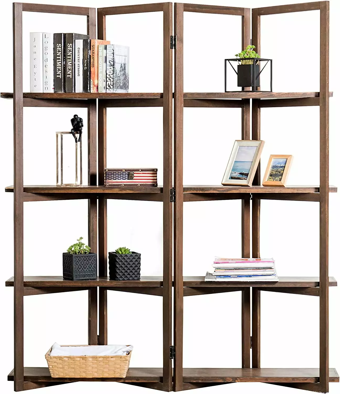 DONFU Modern Dark Brown Wood 4 Panel Room Divider Shelves - 4 Tier Display Rack