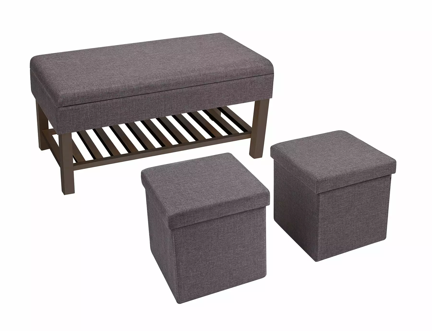 Fresh Home Elements Shoe Rack Bench Two Ottomans Faux Grey Linen Ottomans
