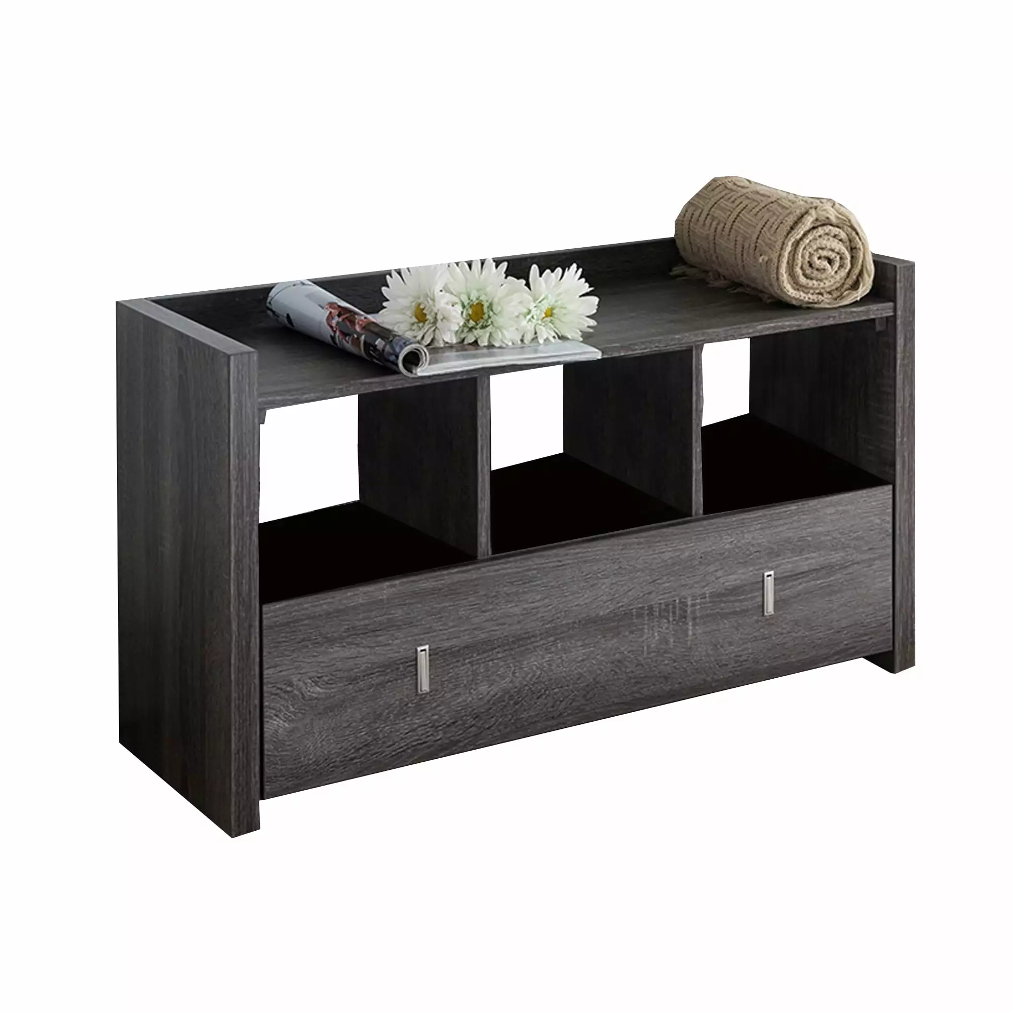 Wooden Storage Shoe Rack Bench 3 Shelves and Raised Top Distressed Gray Finish Benches Ghislaine