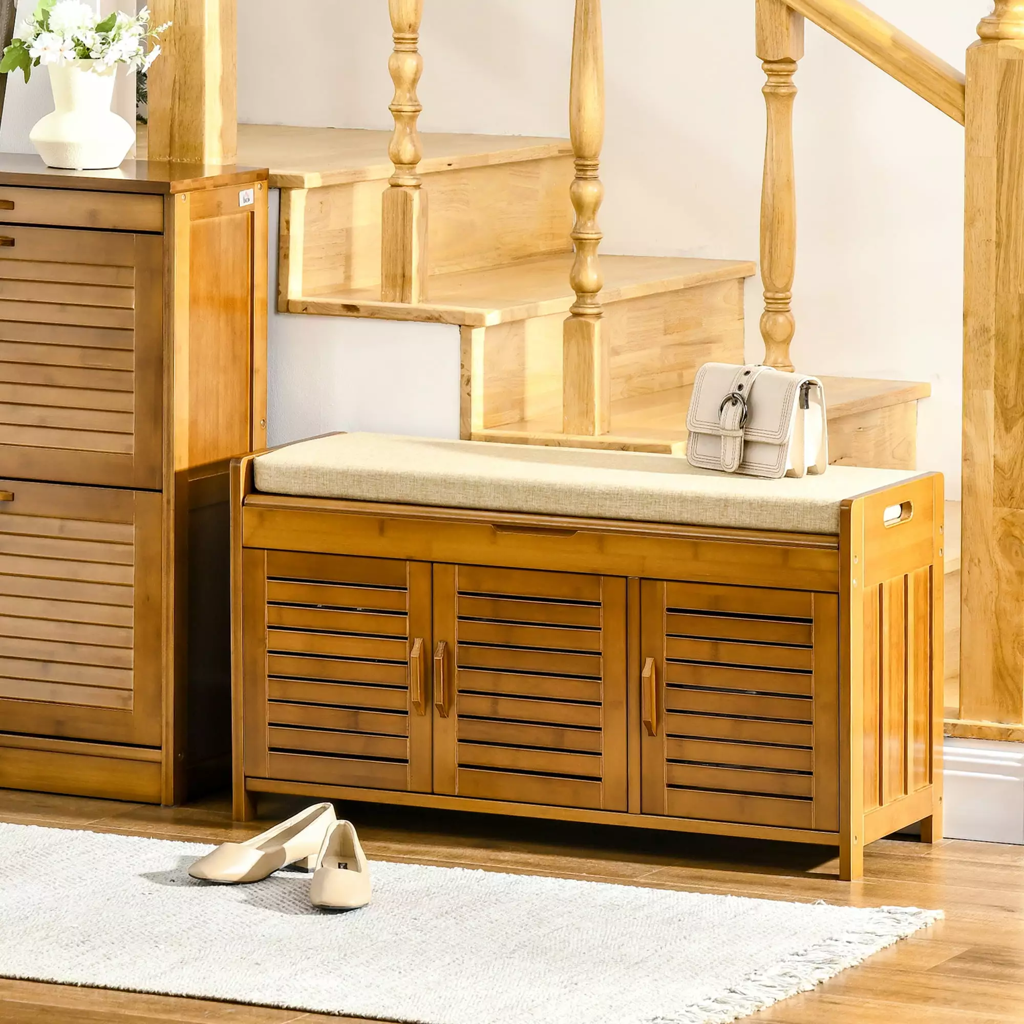 HOMCOM Shoe Bench Storage Cabinets Bamboo Entryway Bench Seating Cushion 3 Doors and Hidden Compartment Hallway Brown - Fu...