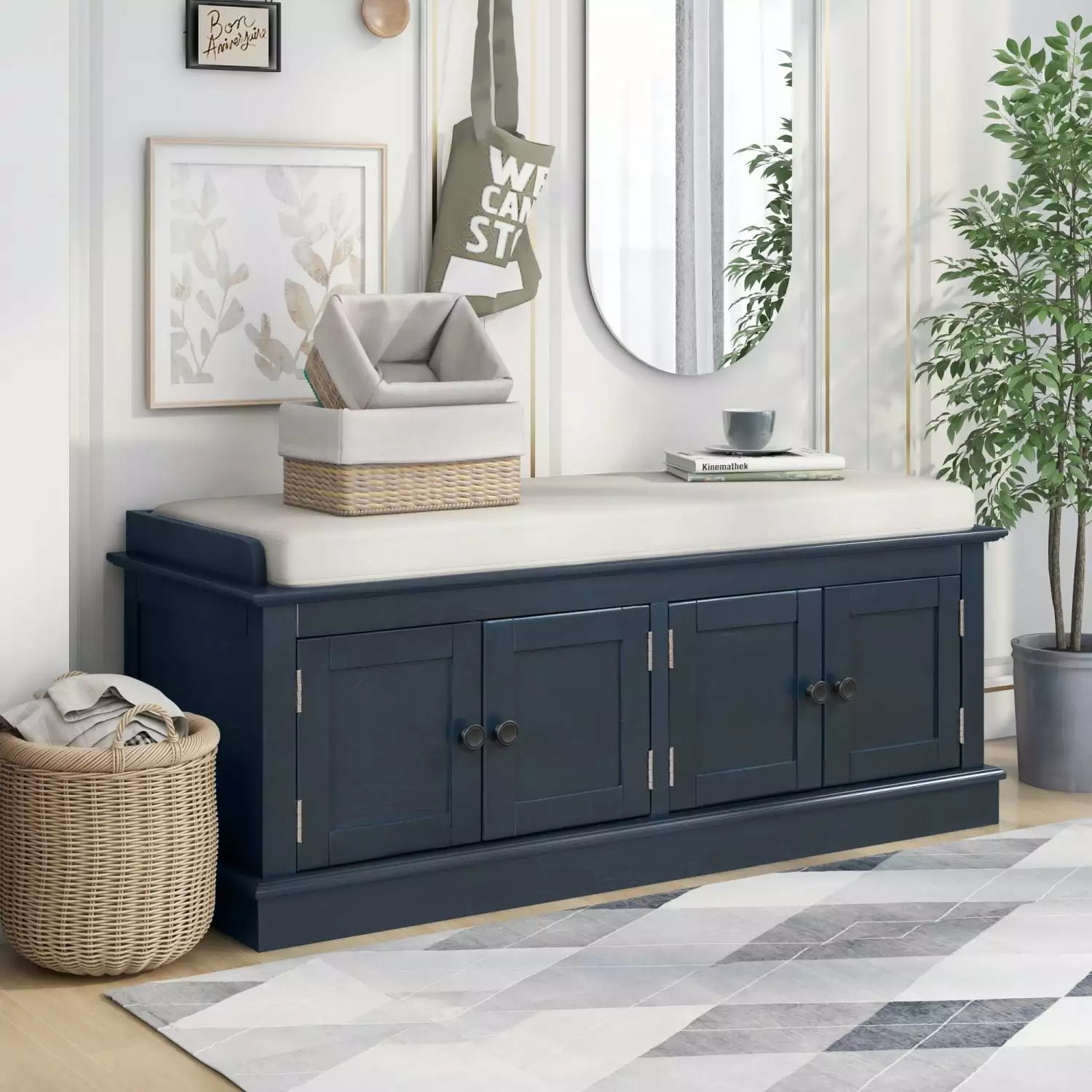 Storage Bench 4 Doors and Adjustable Shelves Antique Navy Living Room Entryway Removable Cushion Benches Miekor