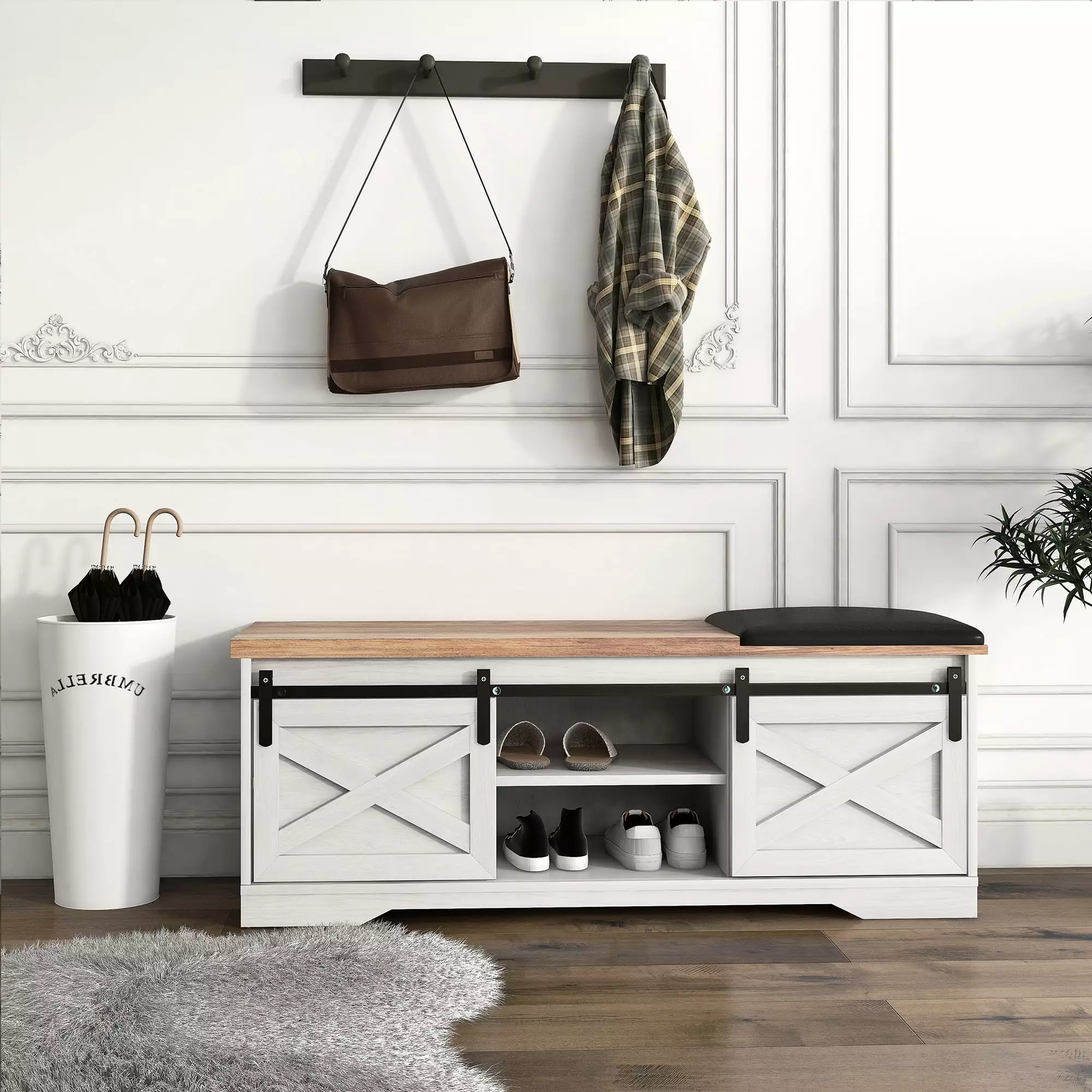 Modern White Shoe Bench Sliding X Barn Door and 2-Tier Shoe Storage Hallway Benches Oubayajia