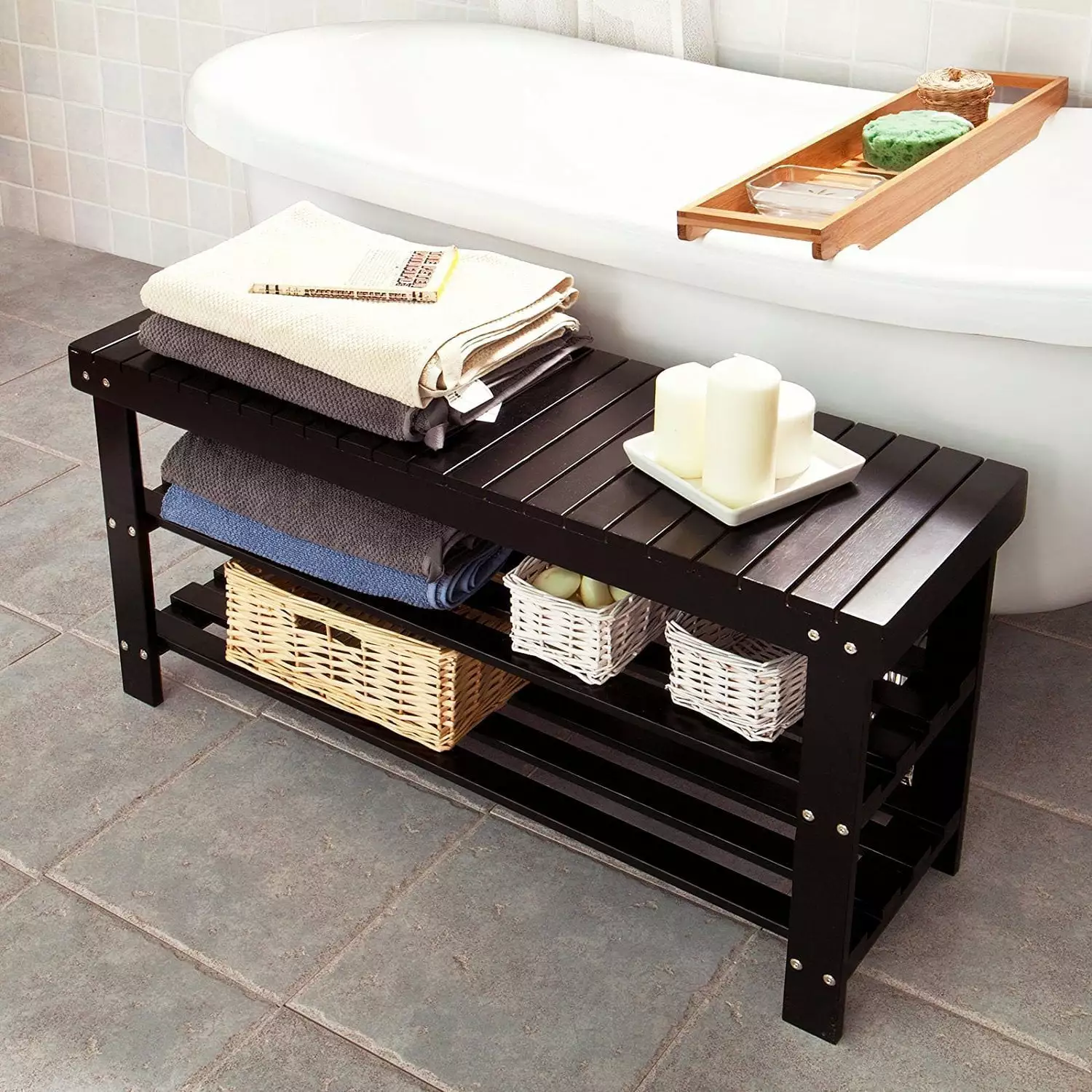 COKO Natural Bamboo Shoe Rack Bench 2 Tier Entryway or Hallway Storage Benches