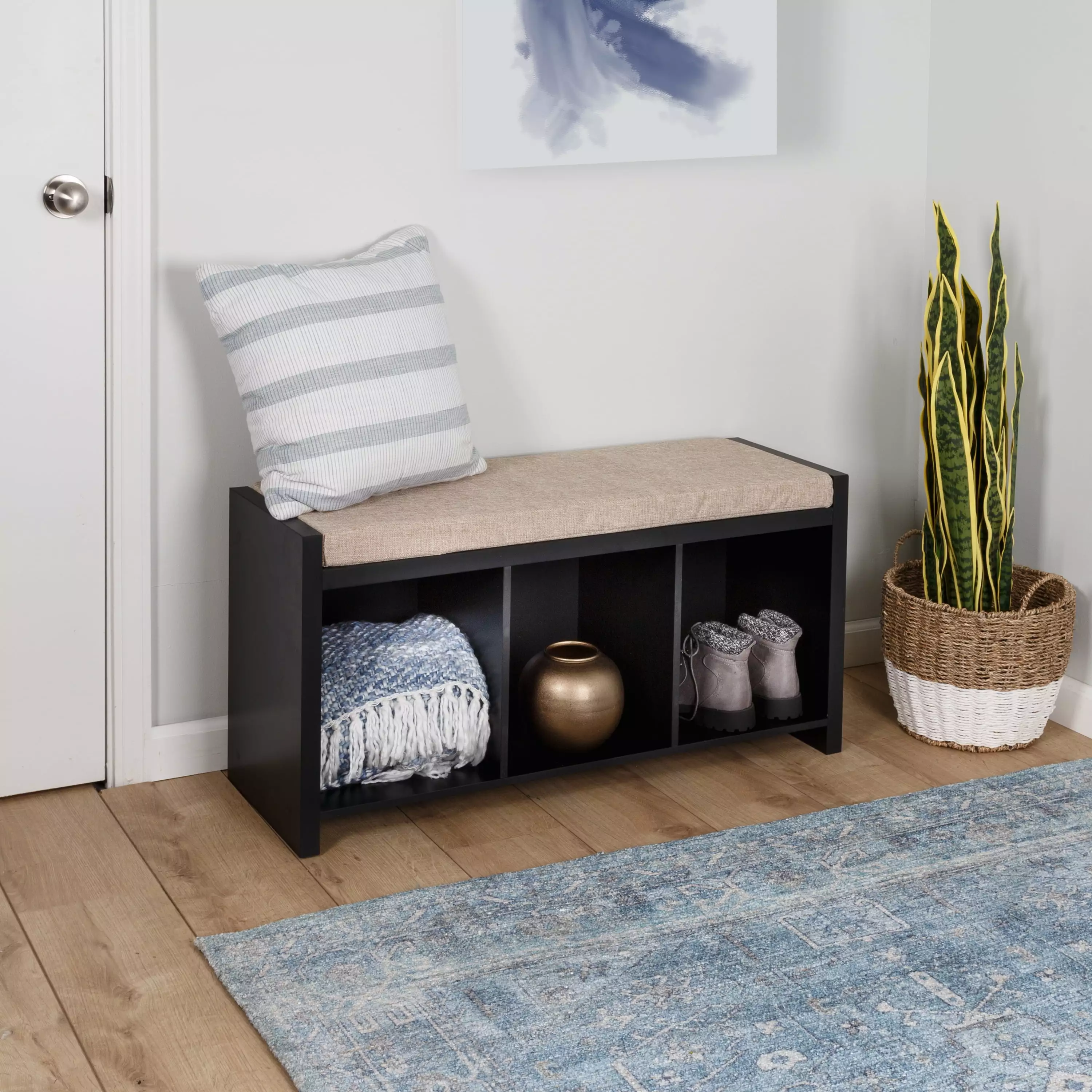 Honey-Can-Do Wood 3-Cubby Shoe Storage Organizer Bench Cushion Black Tan Entryway Furniture Benches