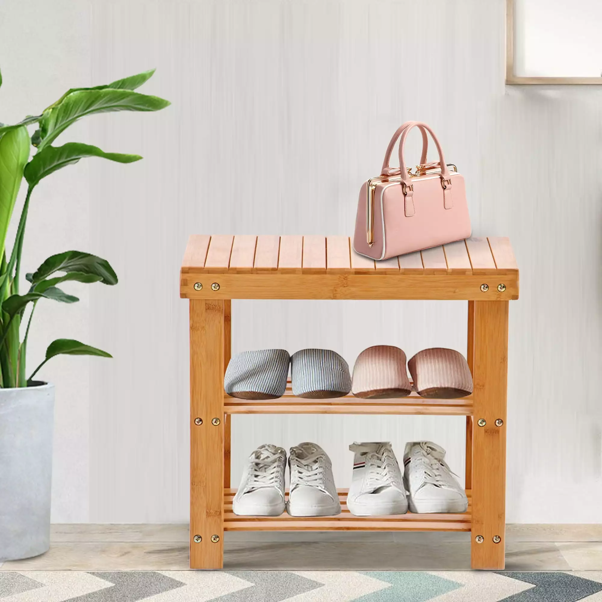 Karmas Product 2-Tier Entryway Shoe Storage Bench Seat Entryway Storage Shelf Bamboo Shoes Rack Small Brown Benches