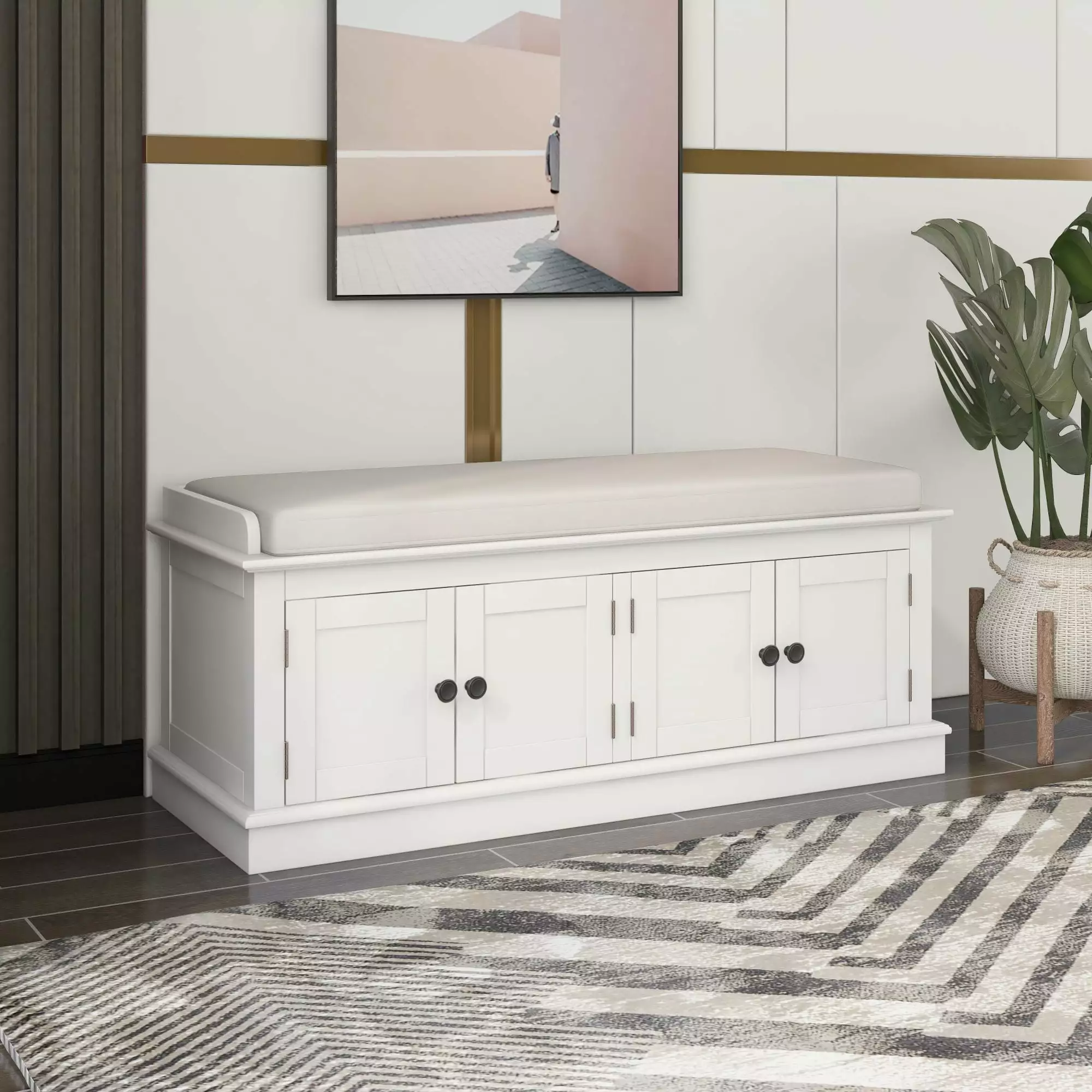 TREXM Storage Bench 4 Doors and Adjustable Shelves White - Shoe Bench Living Room Entryway Benches Ghislaine