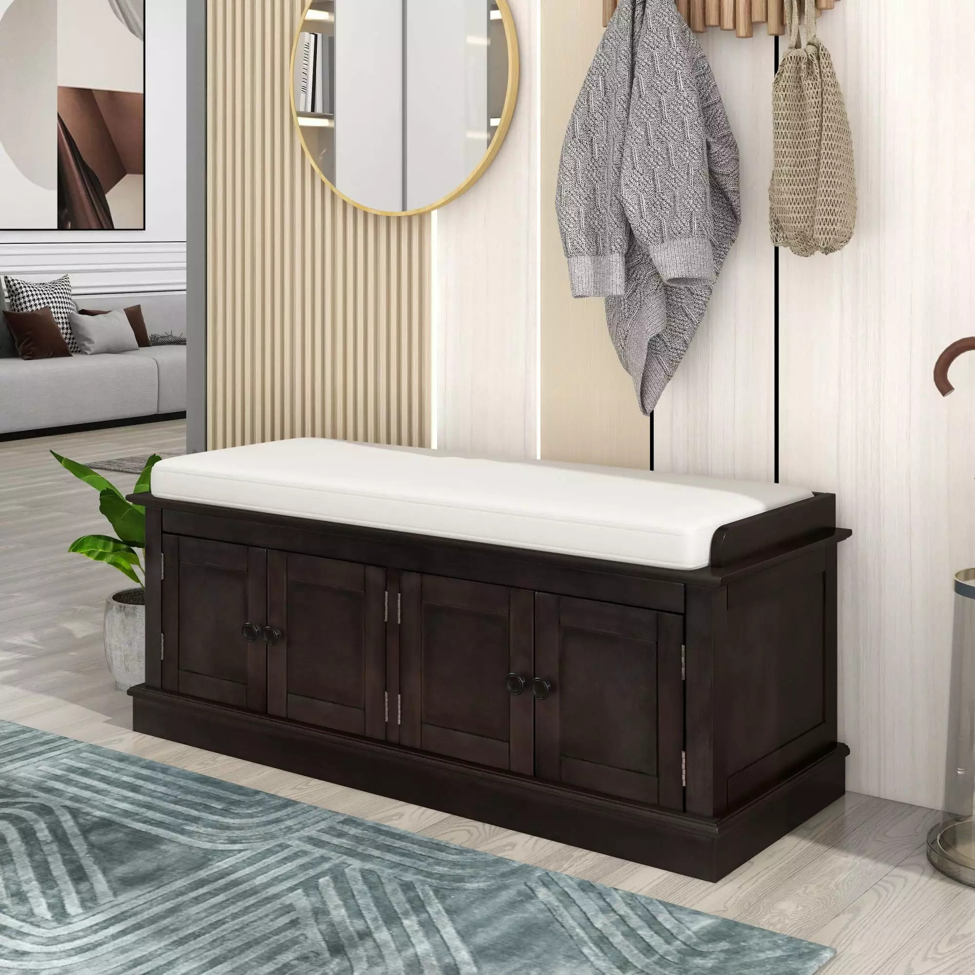 TREXM Storage Bench 4 Doors and Adjustable Shelves Espresso - Shoe Bench Living Room Entryway Benches Ghislaine