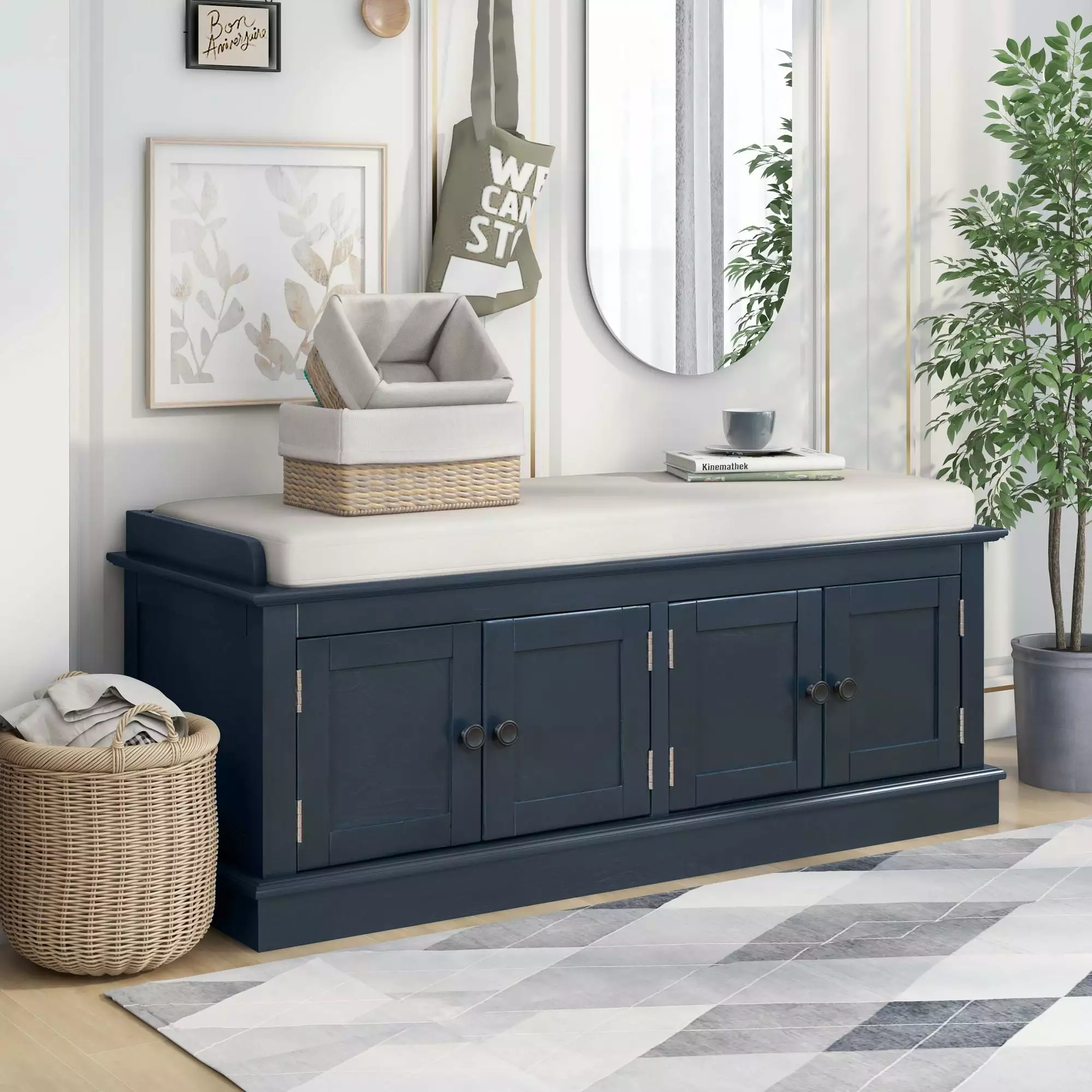 TREXM Storage Bench 4 Doors and Adjustable Shelves Antique Navy - Shoe Bench Living Room Entryway Benches Ghislaine