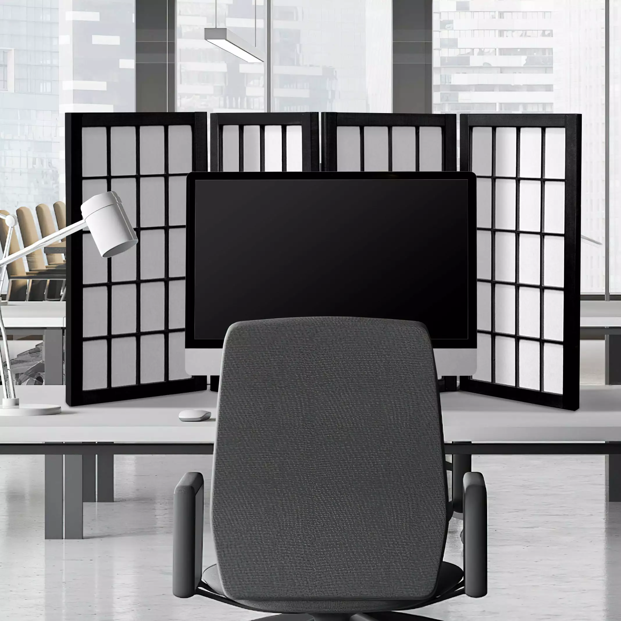 2 Foot Tall Desktop Window Pane Shoji Screen Black 4 Panels Oriental Furniture