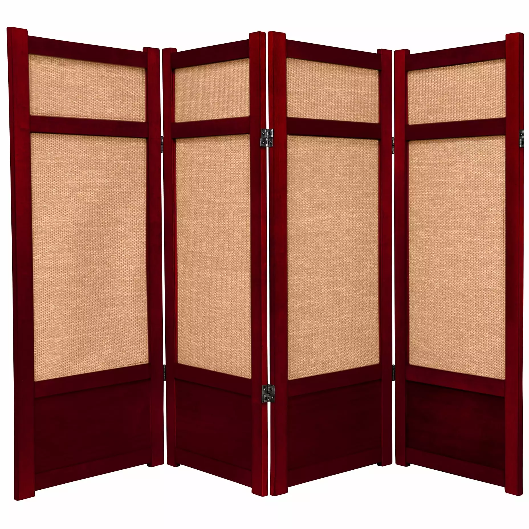 4 ft Tall Luxury Wood and Woven Jute Shoji Screen 4 Panel Rosewood Oriental Furniture
