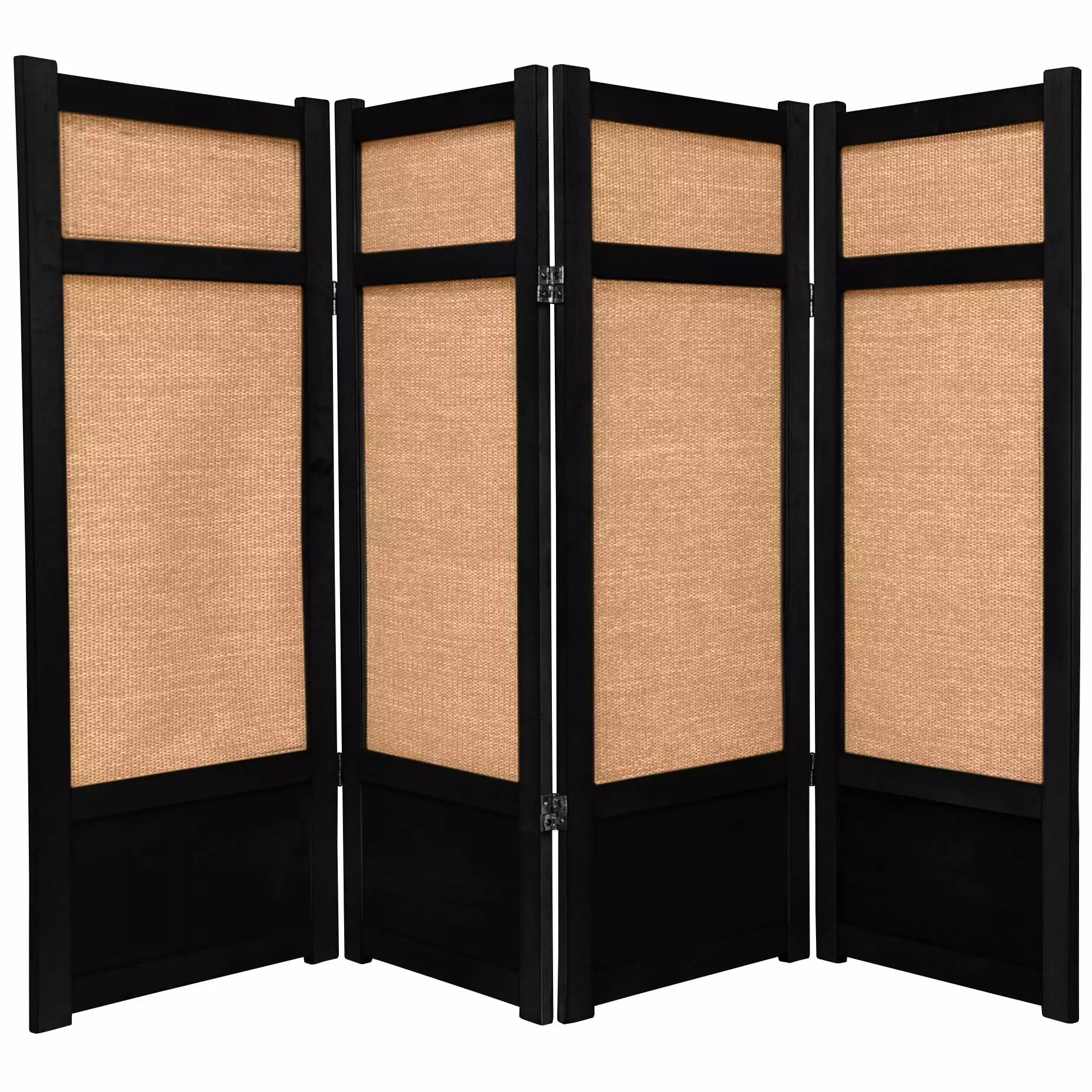 4 ft Tall Luxury Wood and Woven Jute Shoji Screen 4 Panel Black Oriental Furniture