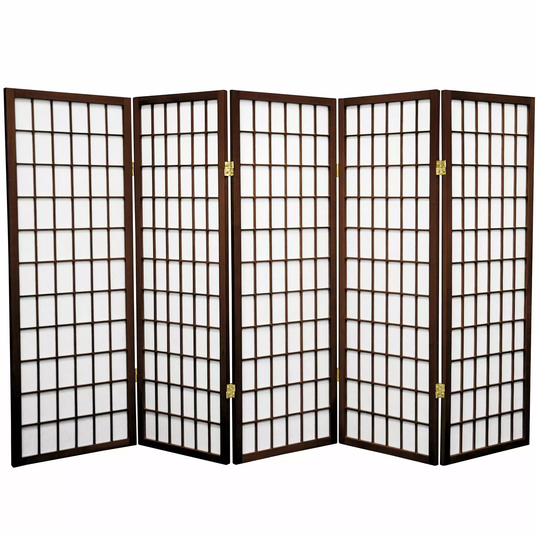 4 ft Tall Walnut Shoji Screen Window Pane Room Divider 5-Panel Design Oriental Furniture
