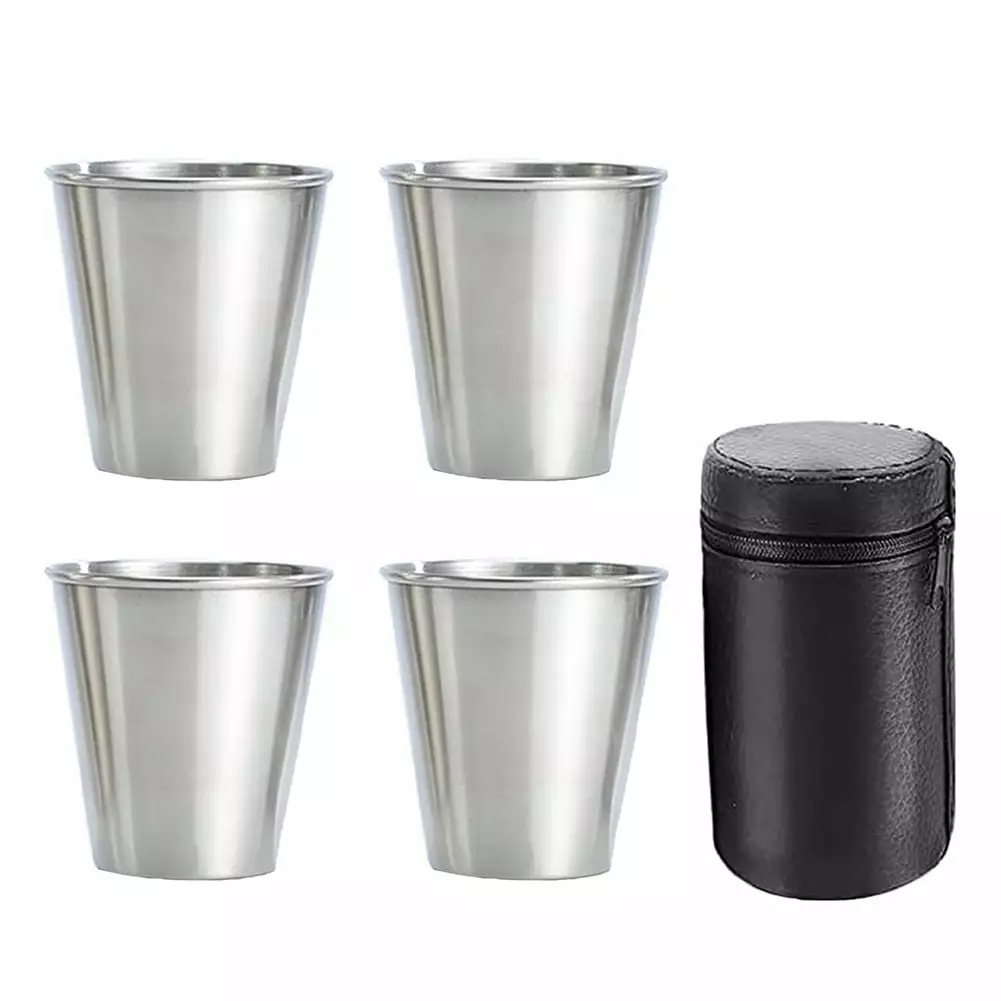 Stainless Steel Shot Glasses Set 4 Stackable Metal Cups Leather Bag Outdoor Drinking