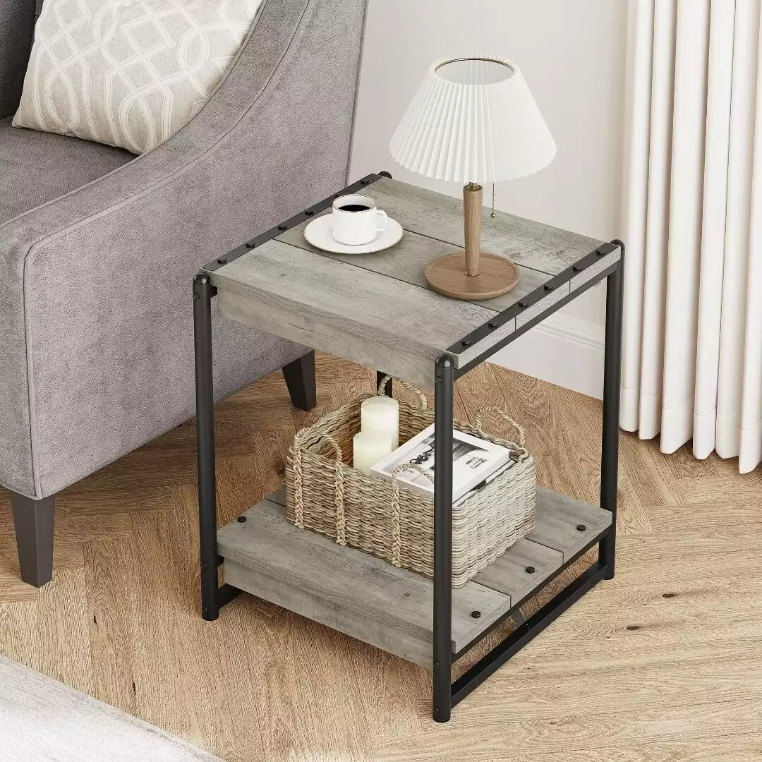 Vintage End Side Table Storage Shelf Farmhouse Nightstand Bedroom Living Room Grey CuisinSmart