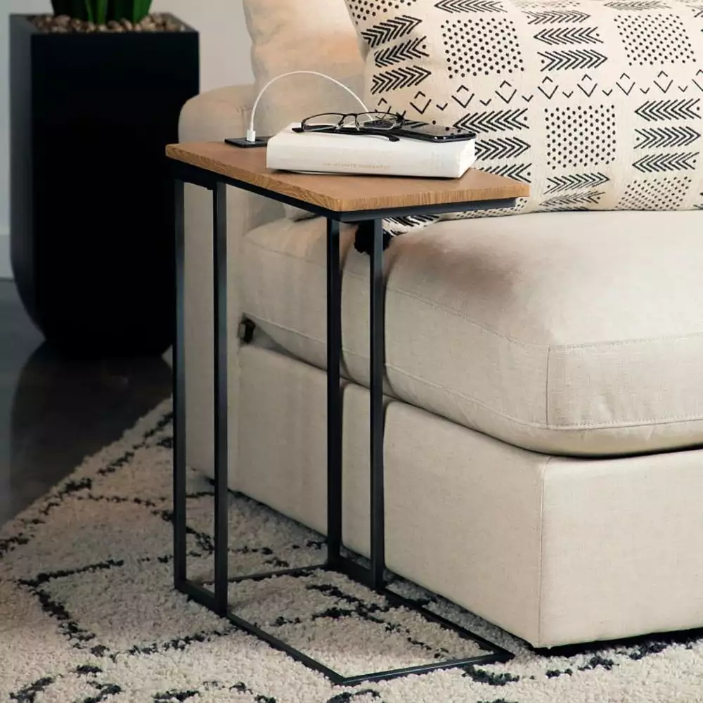 Gunmetal and Natural C-Shape Snack Table Power Outlet Convenient Charging