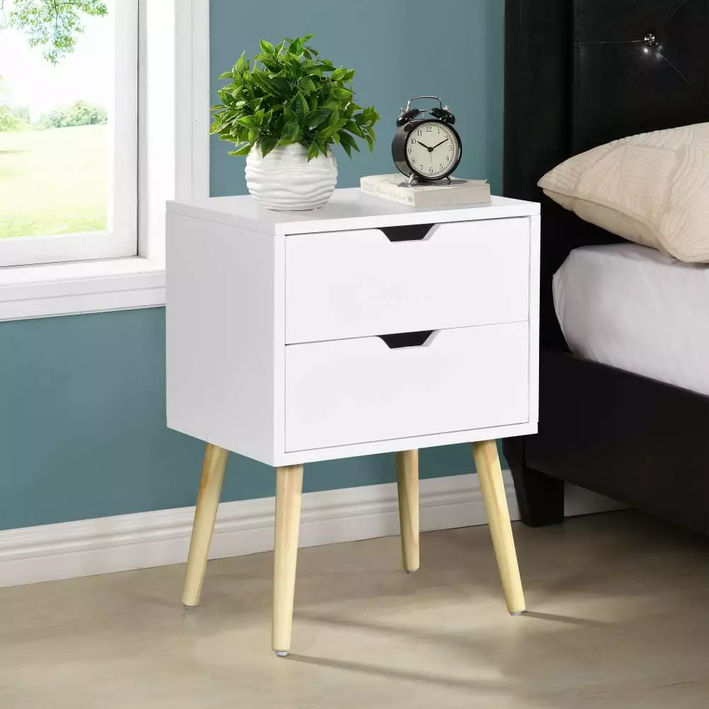 Side Table 2 Drawers Rubber Wood Legs Chic Storage Cabinet Bedroom Living Room GUTALOR