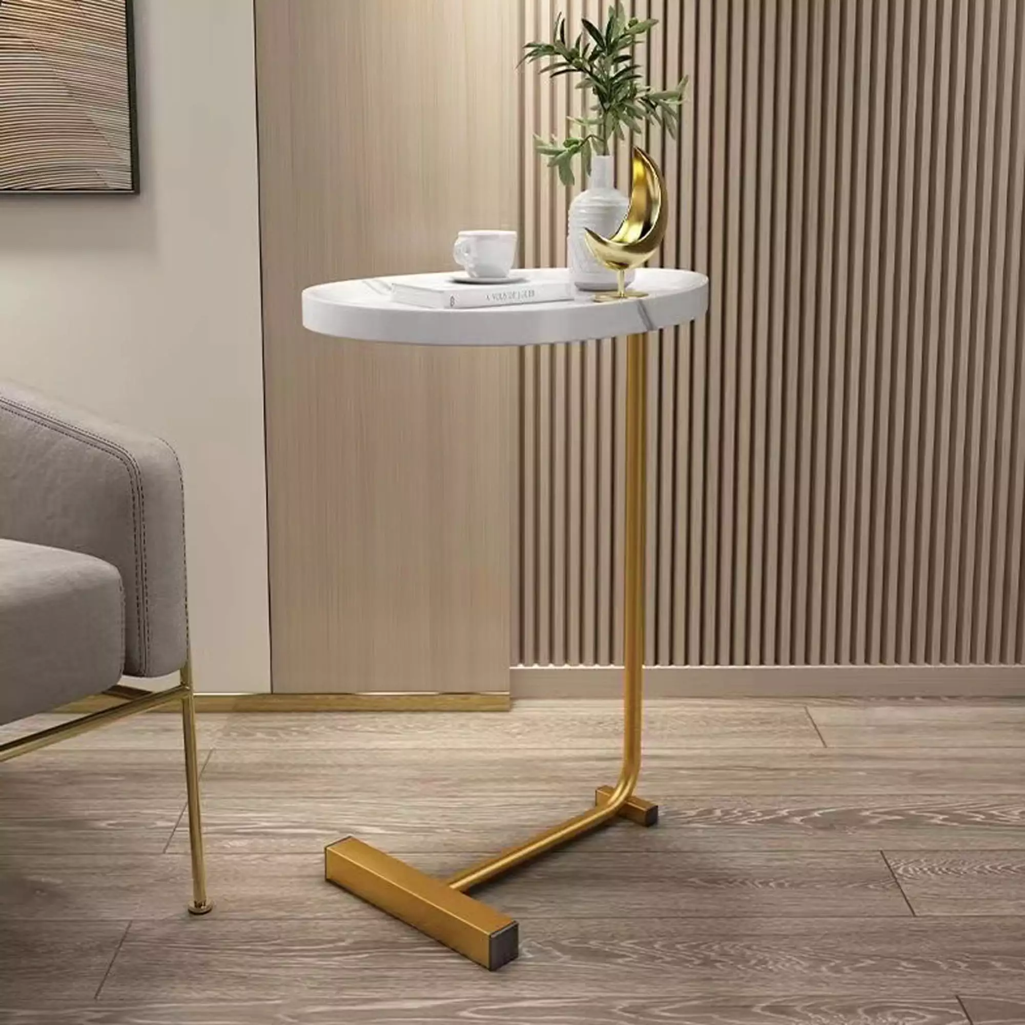 Homiyad White C-shaped Side Table Small Sofa Table Couch Bedroom Console