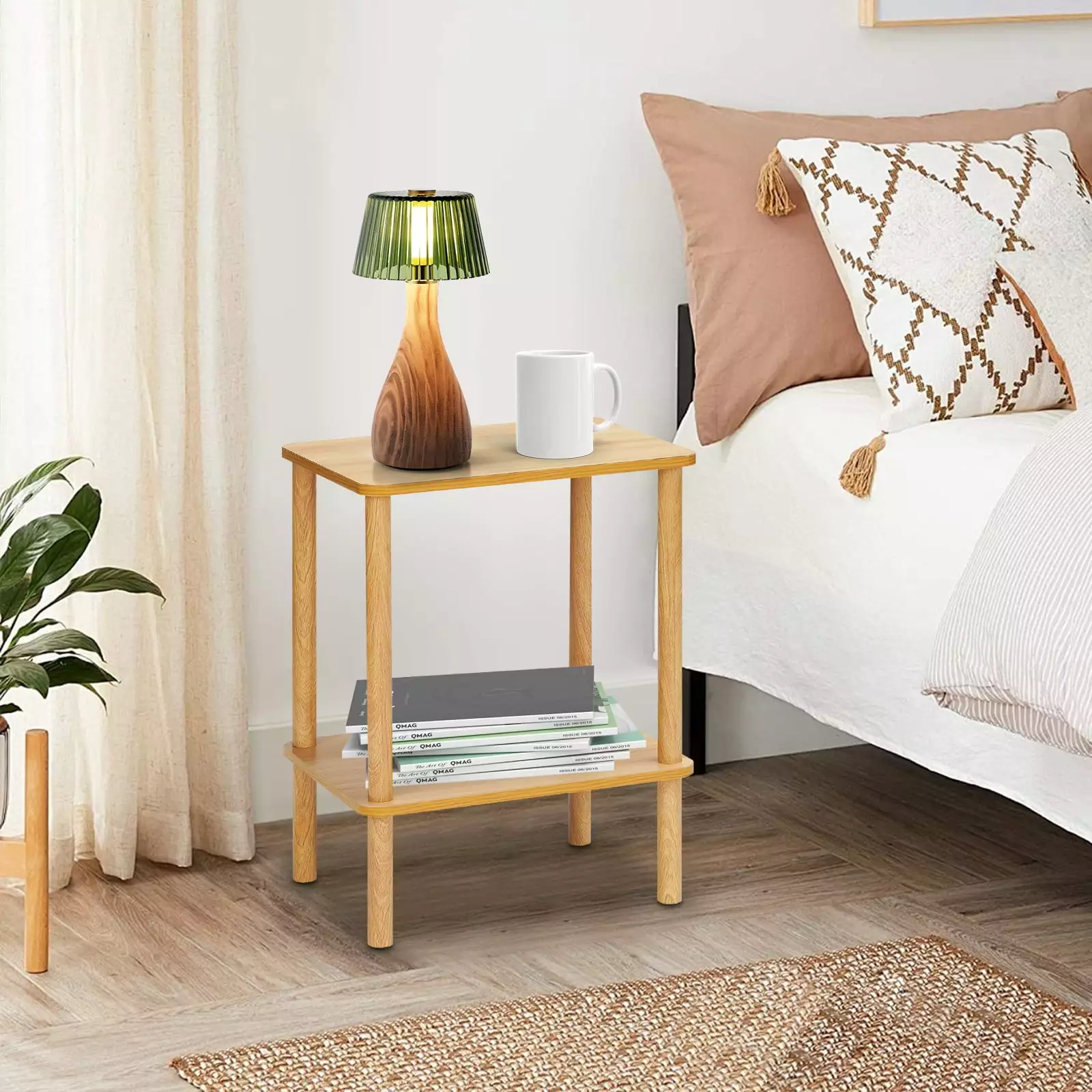 HONEIER 2 Tier Side Table Boho End Table Storage Shelf Natural