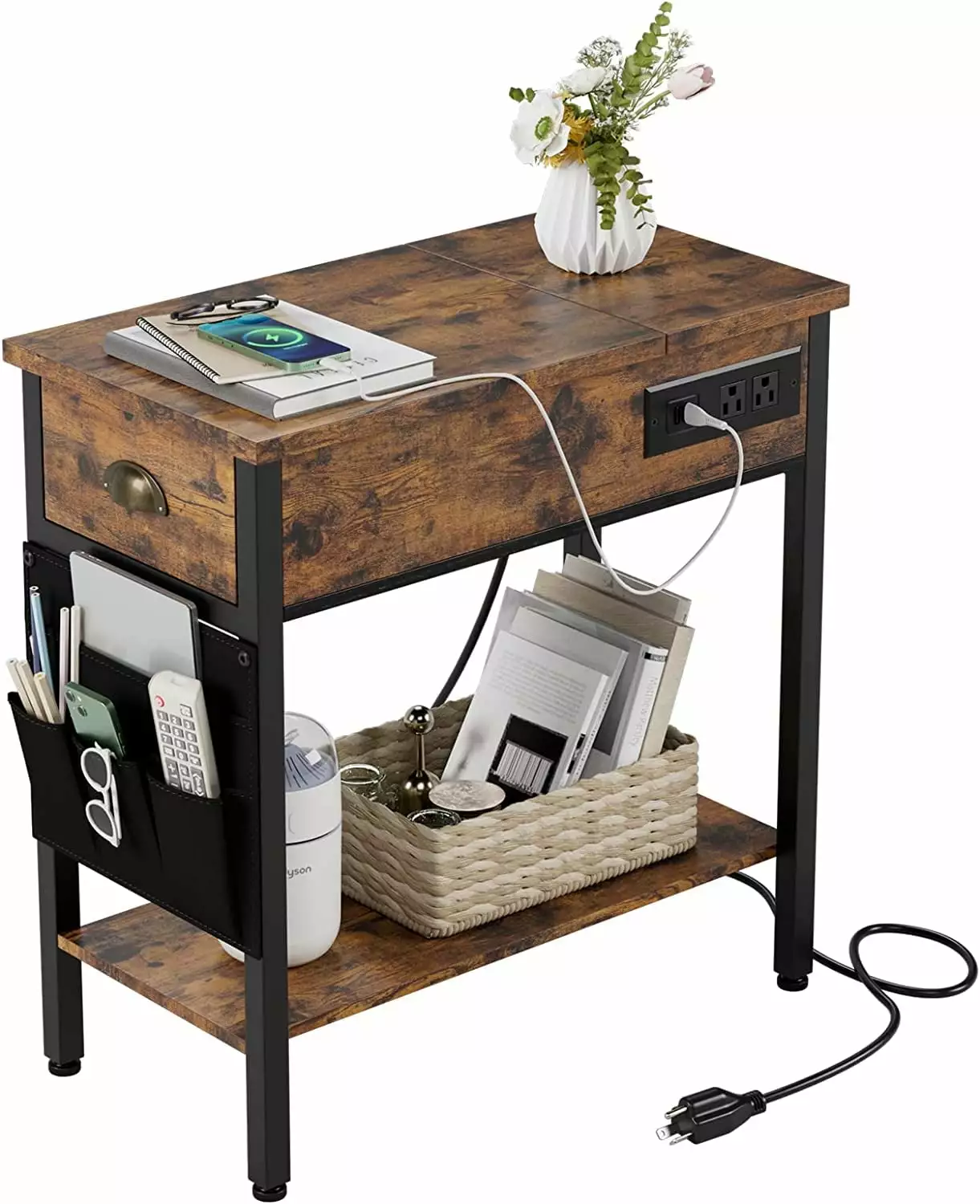 Side Table Charging Station End Table Living Room Nightstand Drawer Fabric Bag Storage IdealHouse
