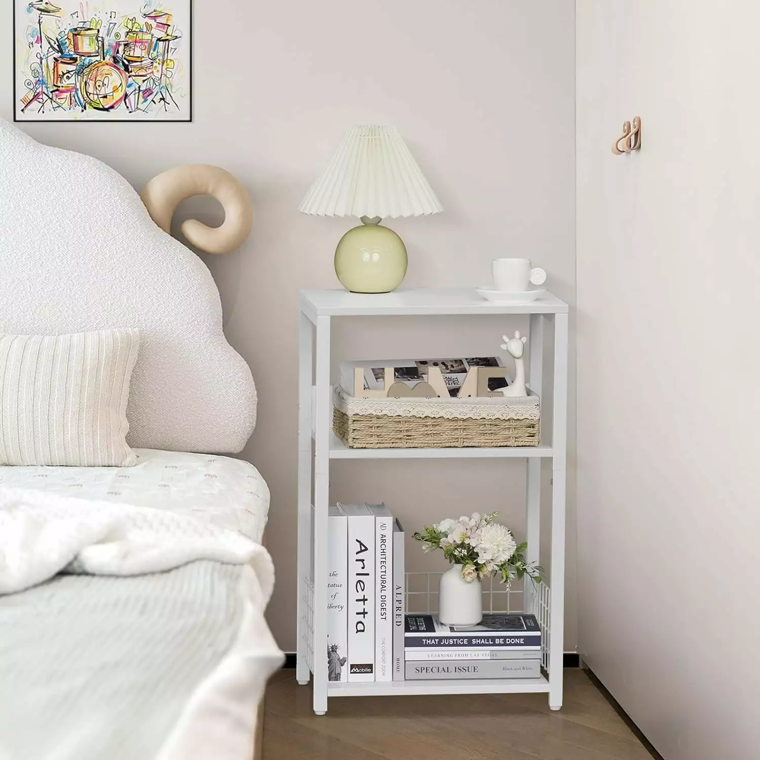 White 3-Tier Industrial Side Table Storage Shelf Modern Sofa Night Stand Small Spaces kk