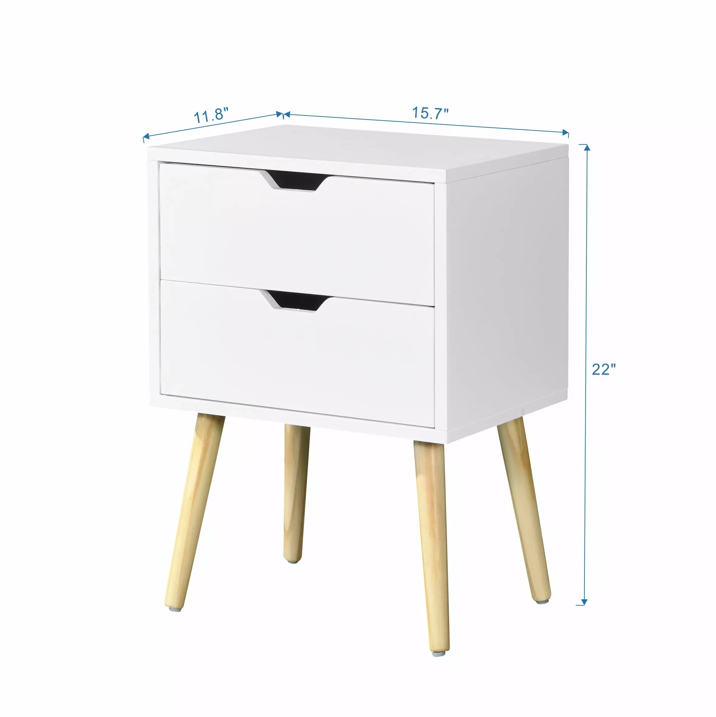 Resenkos Side Table 2 Drawer and Rubber Wood Legs Modern Storage Cabinet Bedroom Living Room White