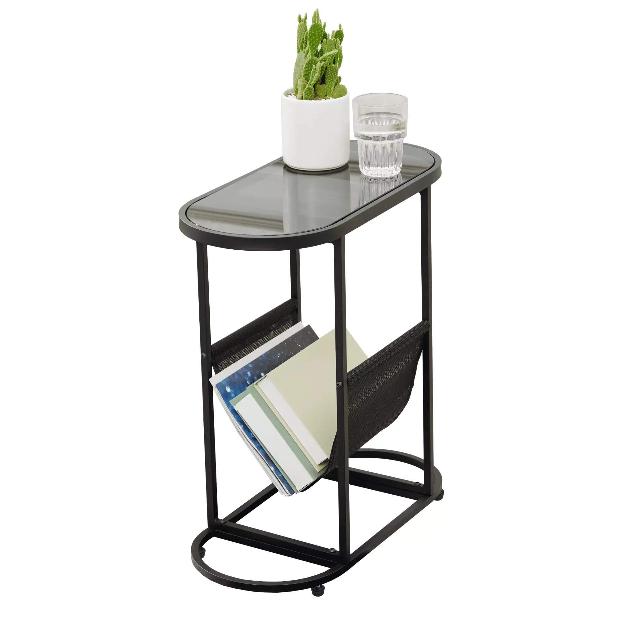 Glass Oval Small Side Table Living Room Magazine Storage Space SMHZ