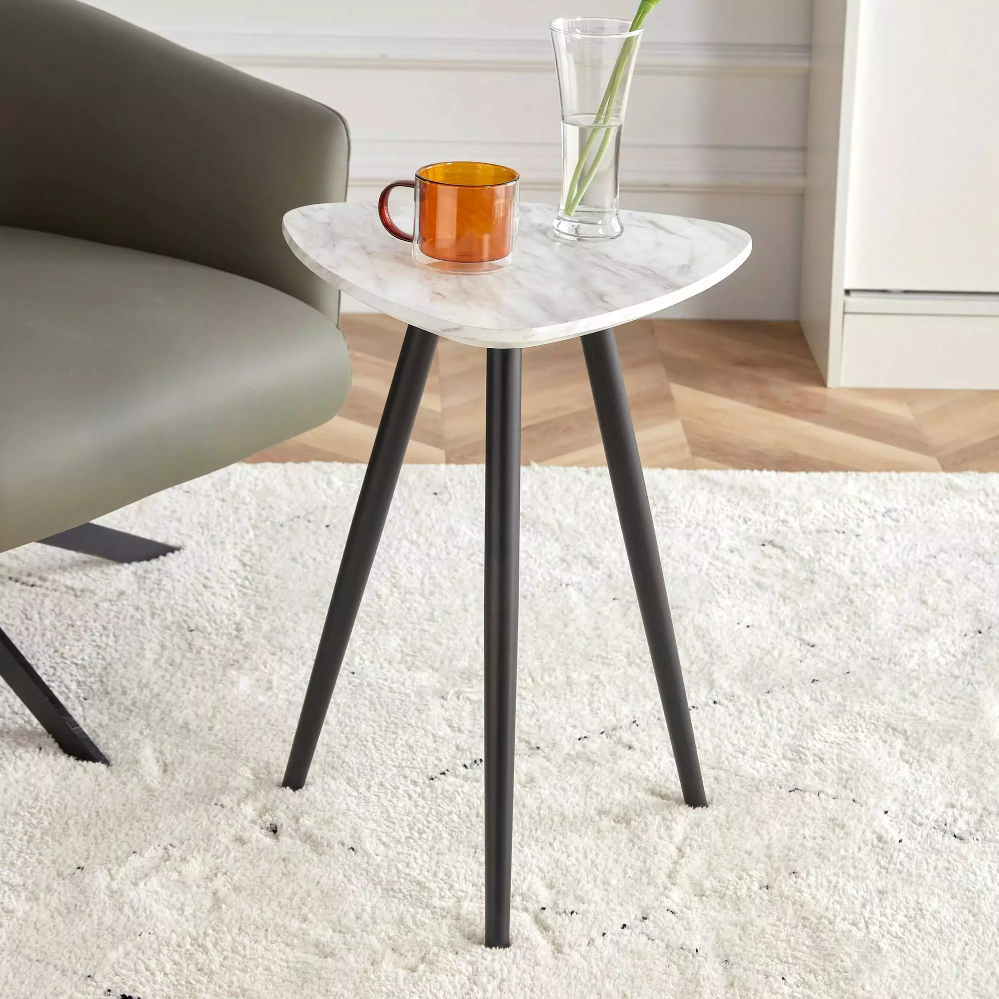 Modern White Faux Marble Triangle Side Table Dark Gold Metal Legs - Minimalist Accent Coffee Table SMHZ