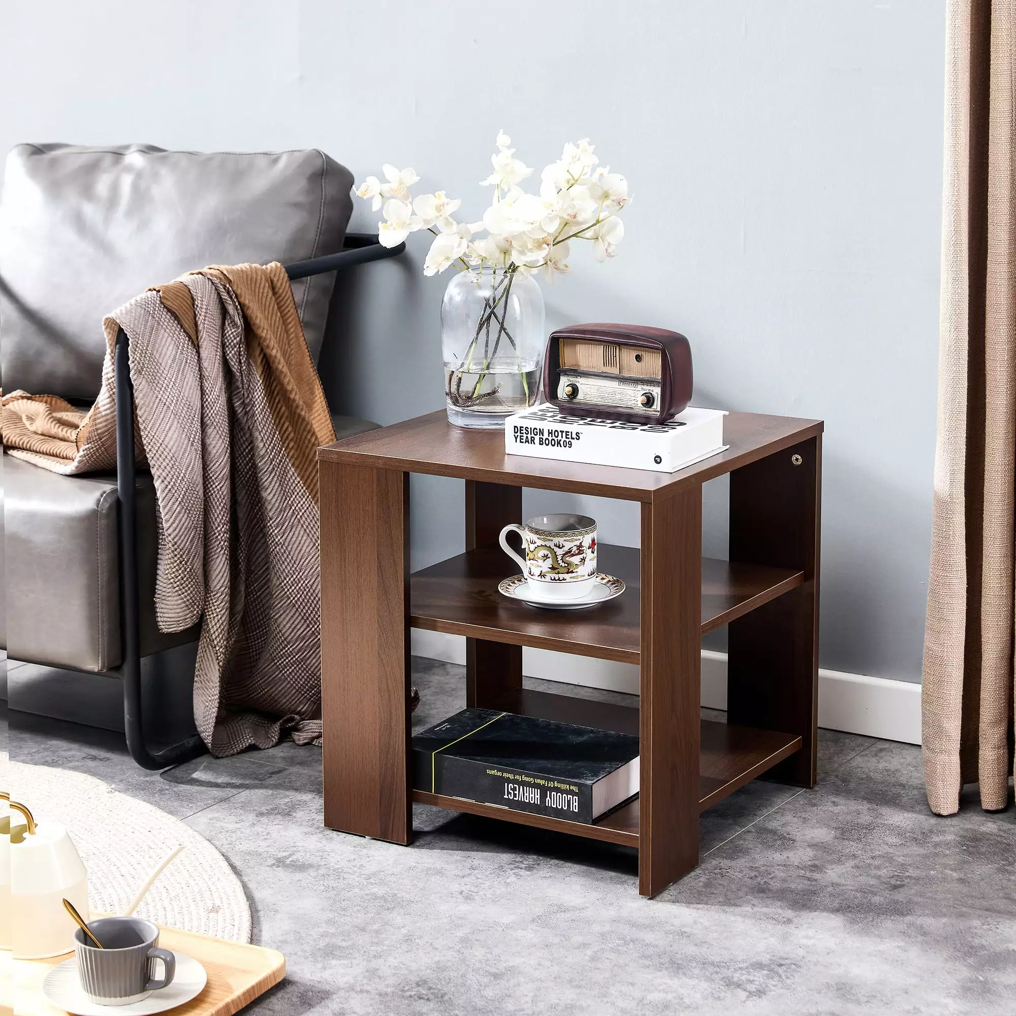Square Side Table Simple Style Design 3-Tier End Table Wood Living Room Nightstand Bedroom Classic Brown SMHZ
