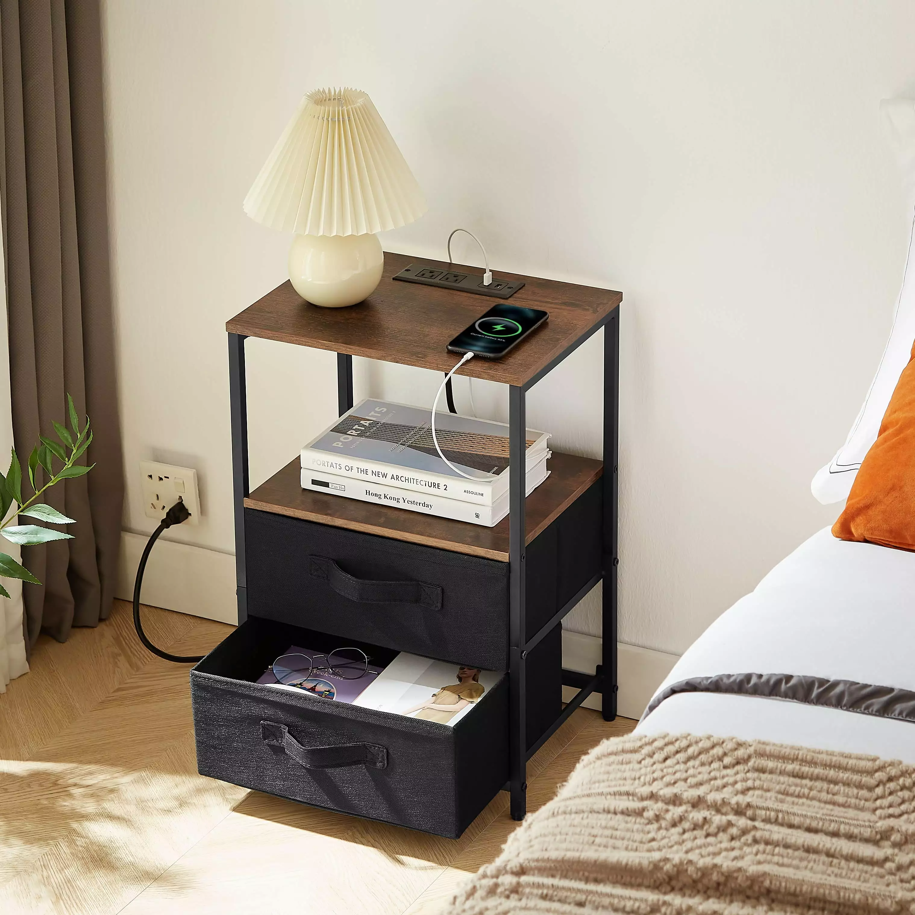 UBesGoo Nightstand USB Charging Station Open Storage Shelf Side Table Sofa Cabinet Living Room Bedroom Office Metal Frame ...