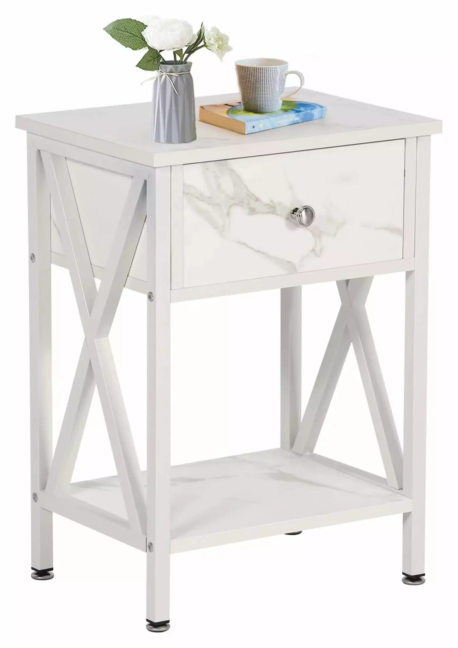 WIixle Side End Table Nightstand Drawer Storage Shelf Living Room Bedroom Multi-functional X-Design Marble White