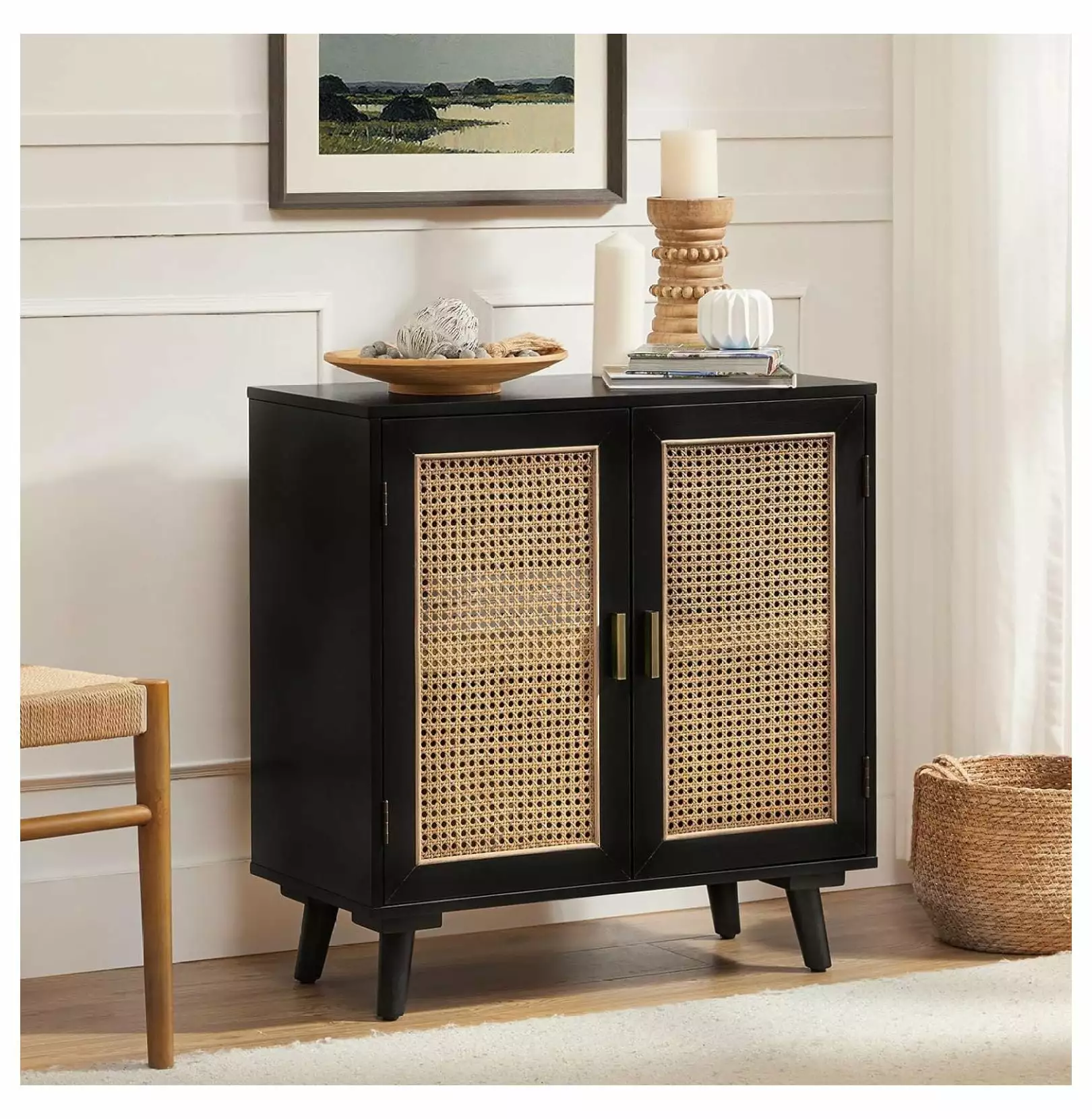 Zengpin Accent Storage Cabinet Rattan Doors and Wood Legs 2-Tier Shelf Sideboard Living Room Console