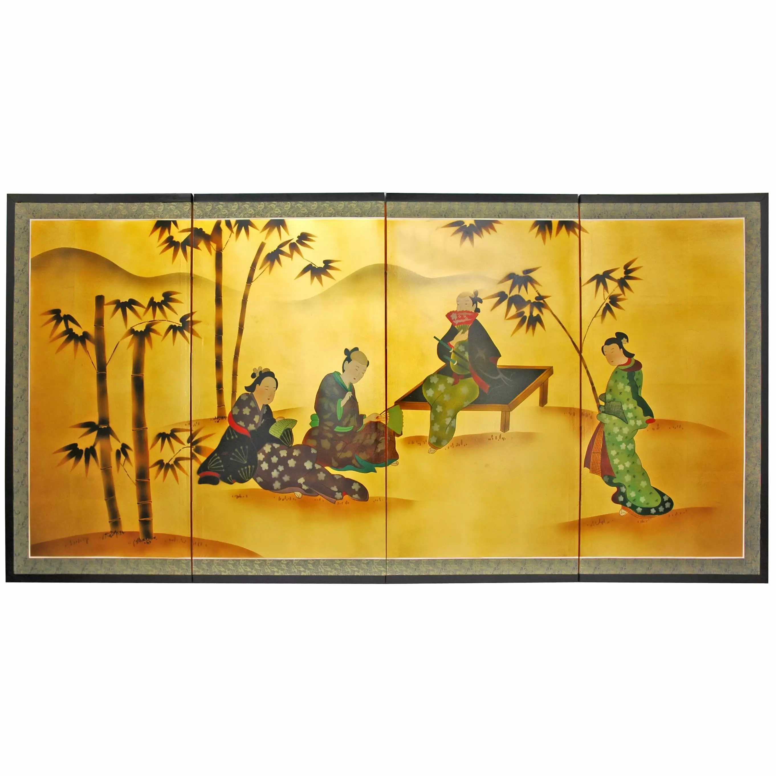 6ft Handpainted Goldleaf Chinese Silk Wall Art Screen Ladies and Bamboo Oriental Furniture