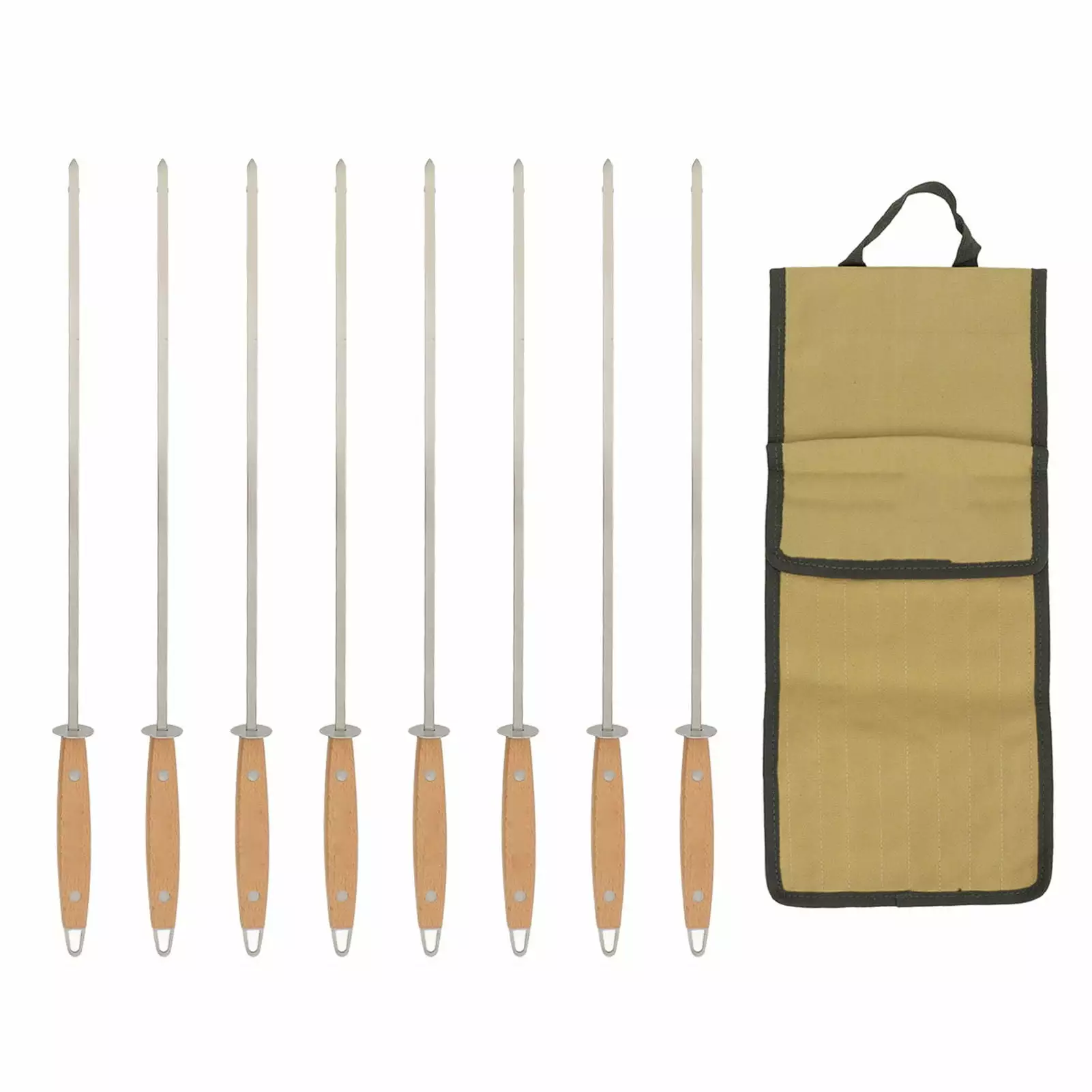 8Pcs Flat Metal BBQ Skewers Wood Handle Campfire Grill Cooking