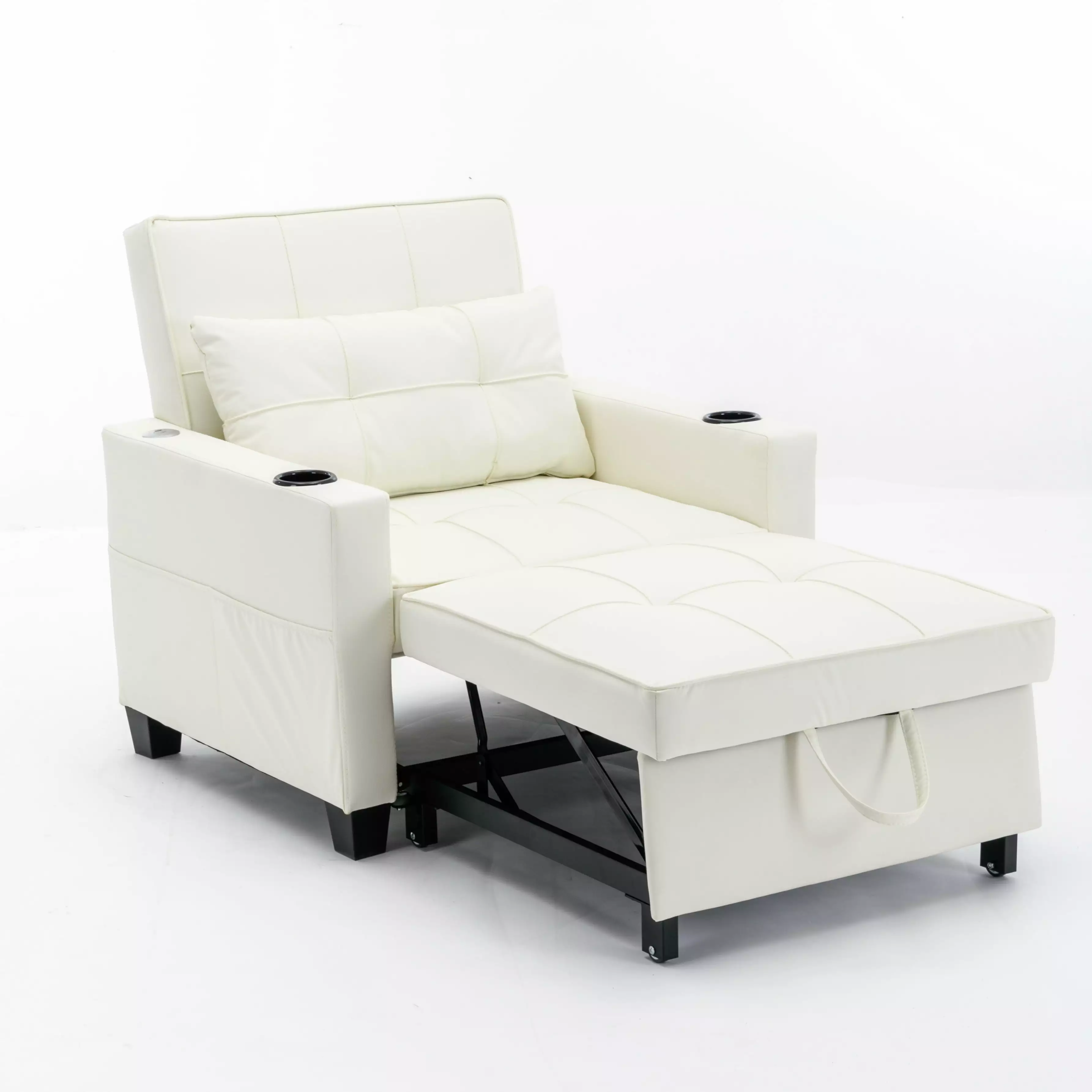 Futon Chair Bed Convertible 3--1 Pull Out Sleeper Chair USB Ports - White Leather CNCJ