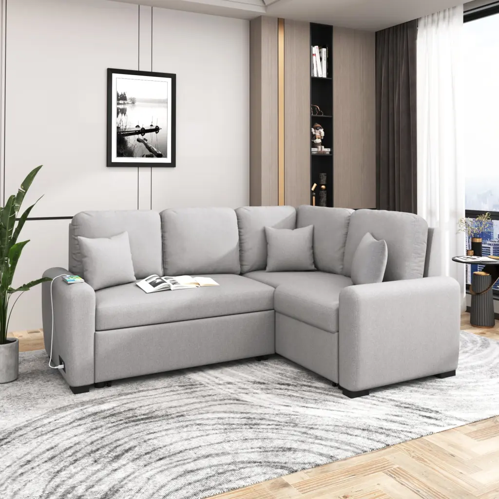 87.4'' Sectional Sleeper Sofa USB Charging Port L-Shape Chaise Small Apartment Miekor