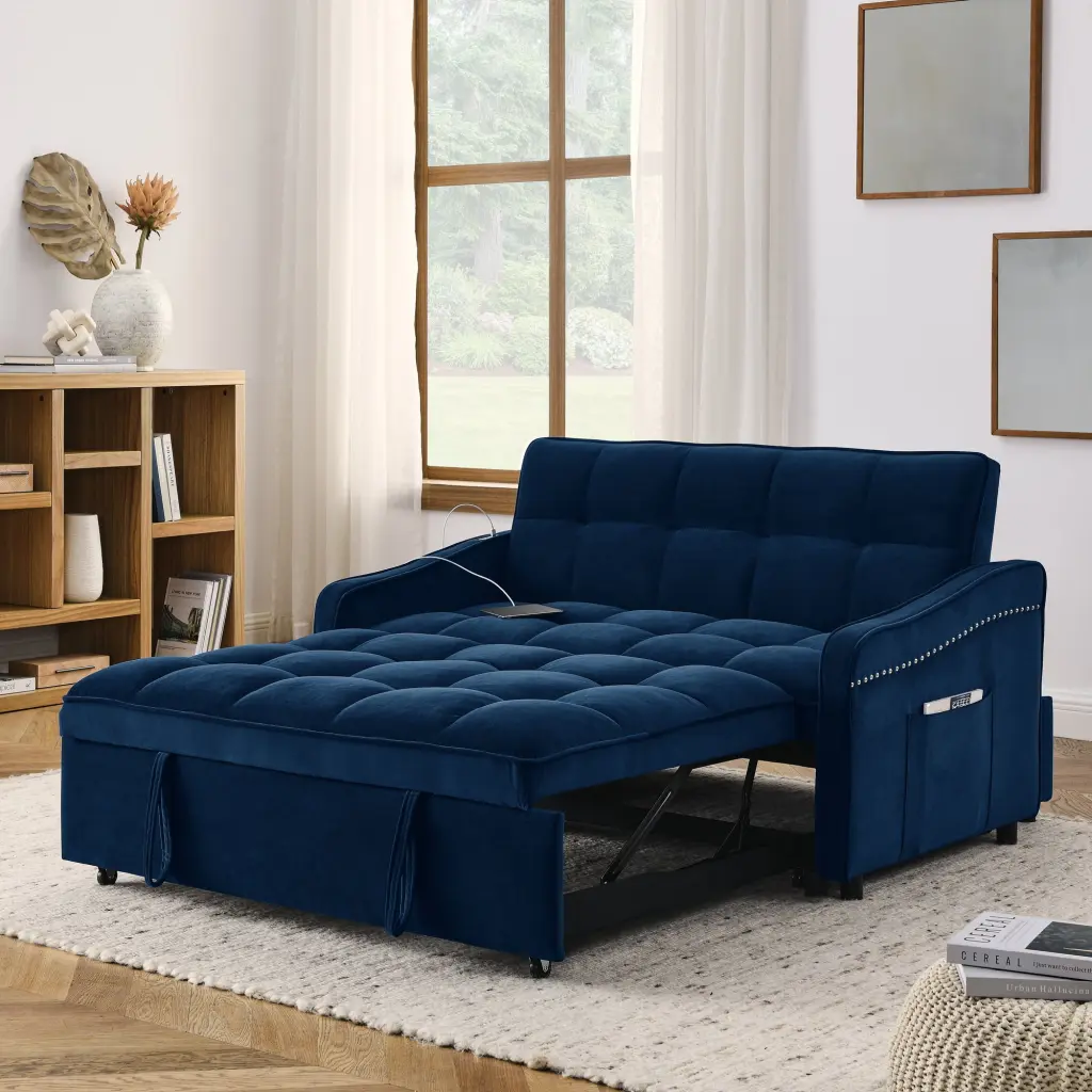 CoSoTower Loveseat Sofa Bed Pull-Out Bed Adjustable Back Arm Pockets USB Charging Blue