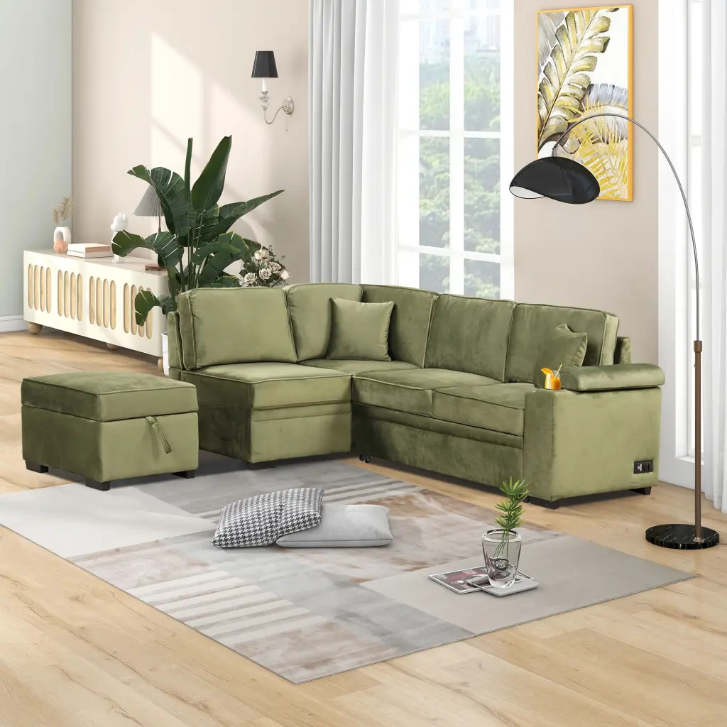 87.4 Sleeper Sofa Bed L Shape Pull Out Couch Storage Ottoman Green Small Apartment Ghislaine