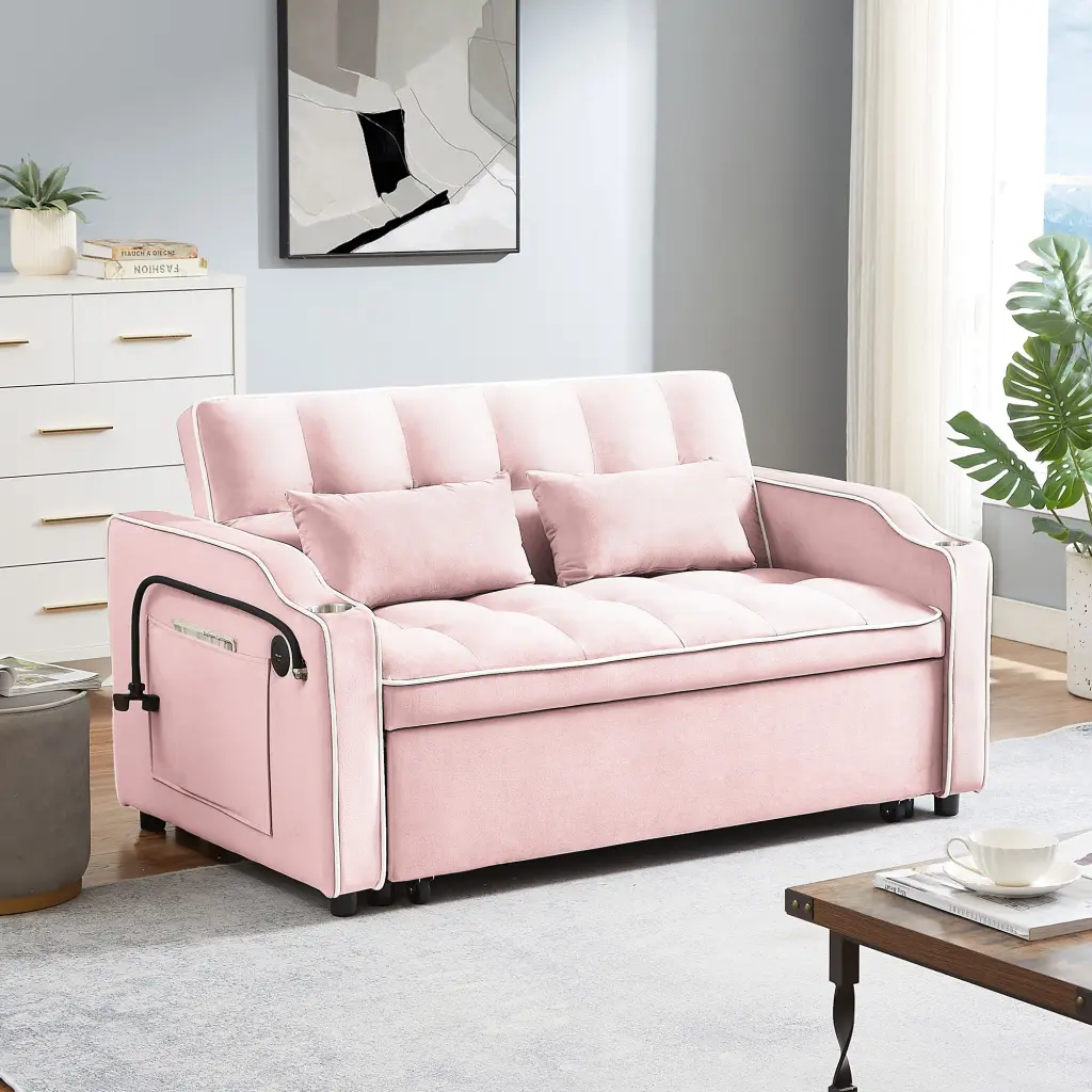 IbayNawi Pull Out Couch 3 1 Sleeper Loveseat Convertible 2-Seater Sofa Bed Adjustable Backrest Pink Velvet