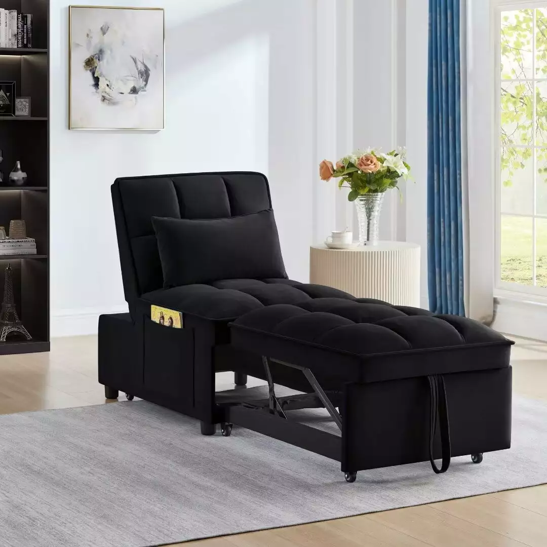 4--1 Multi-Function Black Sofa Bed Storage Pockets and Adjustable Backrest Chaise KAIREEY