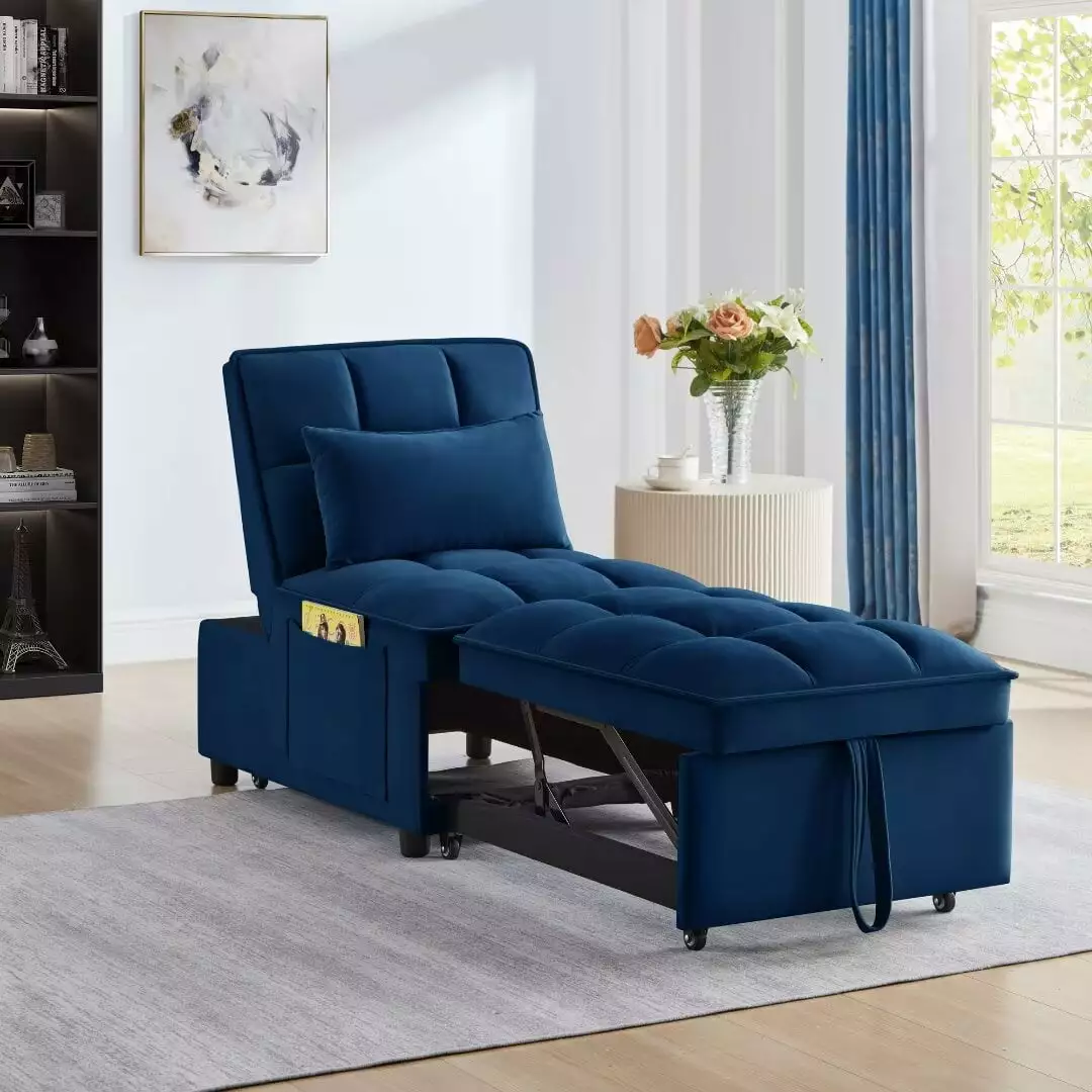 4--1 Multi-Function Navy Sofa Bed Storage Pockets and Adjustable Backrest Chaise KAIREEY