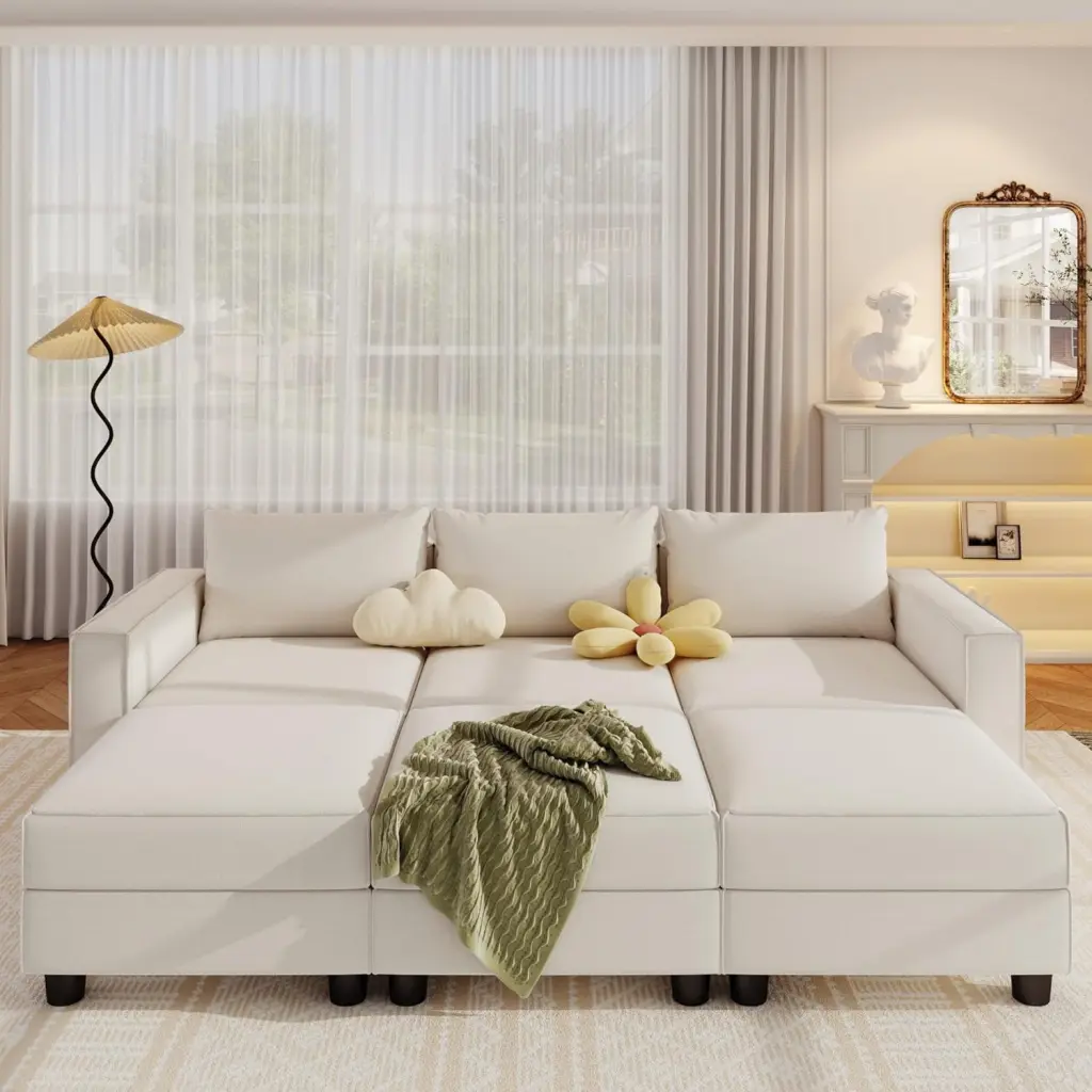 Modular Sectional Sleeper Sofa 3 Extra Deep Seats and 3 Storage Ottomans Breathable Linen Fabric Convertible Sectional Cou...
