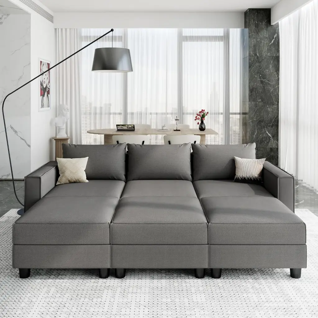 Modular Sectional Sleeper Sofa 3 Extra Deep Seats and 3 Storage Ottomans Breathable Linen Fabric Convertible Sectional Cou...