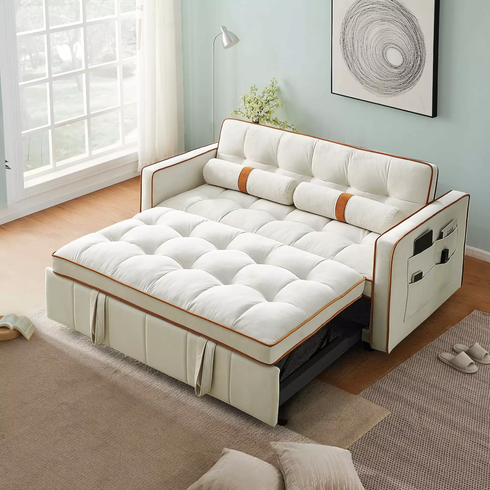 Muumblus 55.5 Pull Out Sofa Bed 2 Seater Loveseat Sleeper Convertible Futon Sofa Bed Beige Futons