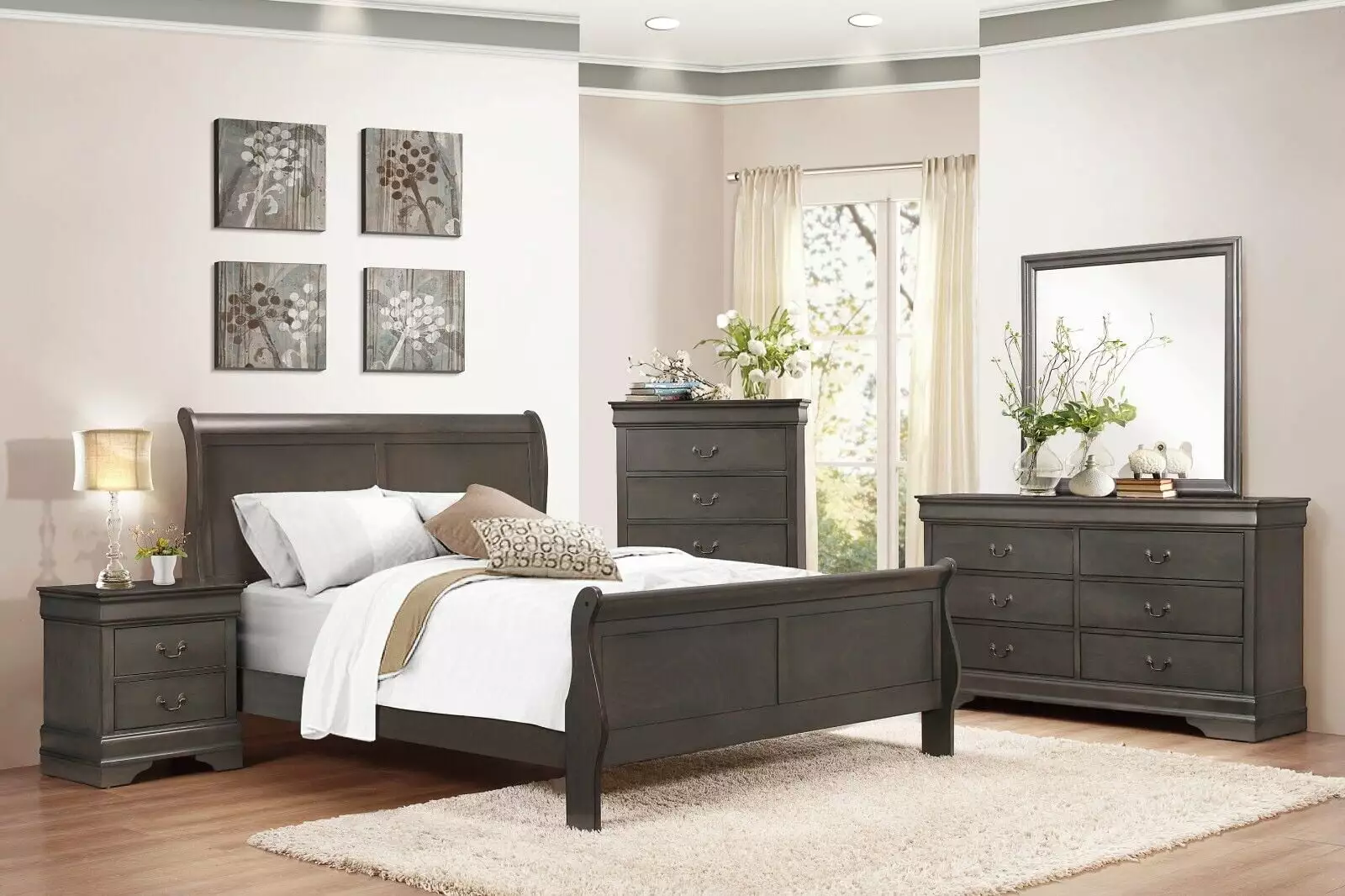 Timeless Louis Philippe Styling 4pc Bedroom Set Stained Gray Finish Cal-King Size Sleigh Bed Nightstand Dresser Mirror Eso...