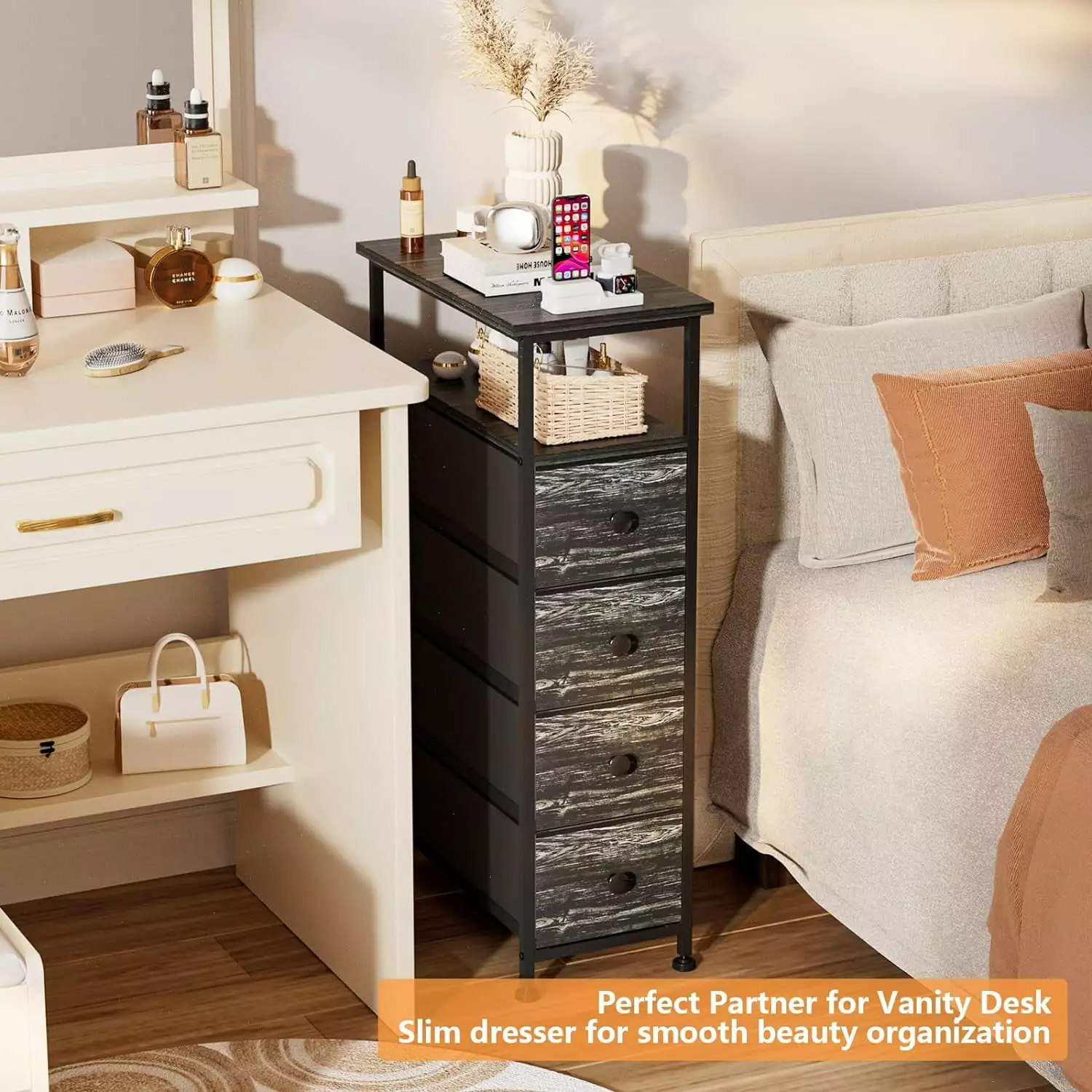 Narrow Dresser Storage Tower Slim Dresser Bedroom Chest 4 Fabric Drawers Wood Shelf Rustic Black common
