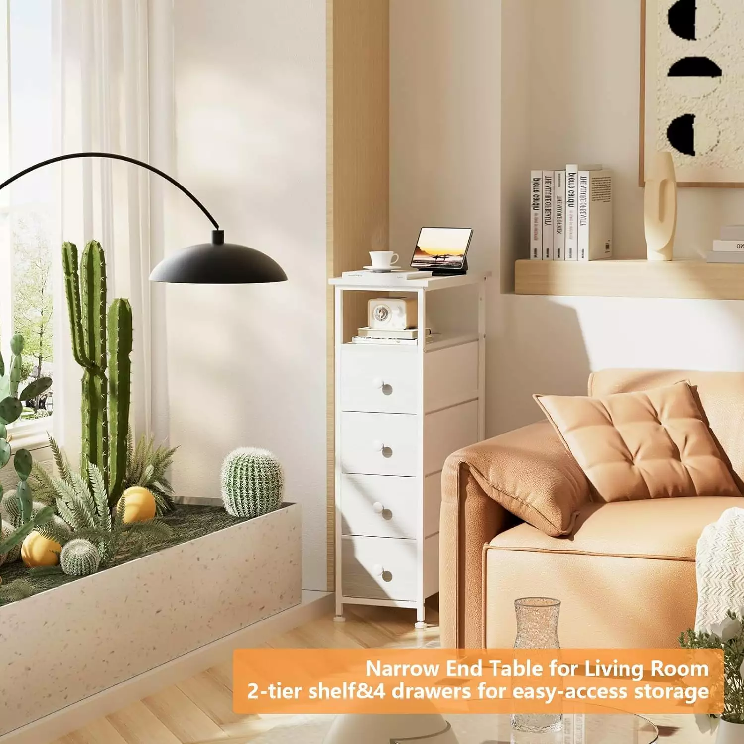 Narrow Dresser Storage Tower Slim Dresser Bedroom Tall Nightstand Chest 4 Fabric Drawers Wood Shelf White common