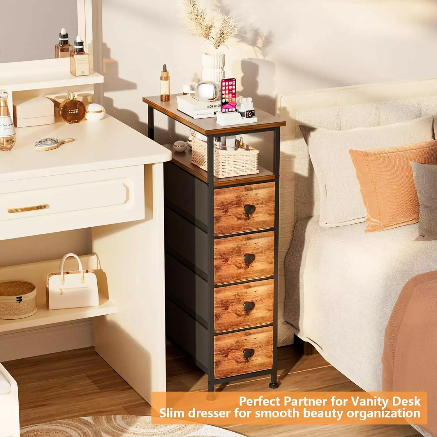 Narrow Dresser Storage Tower Slim Dresser Bedroom Chest 4 Fabric Drawers Wood Shelf Rustic Brown common