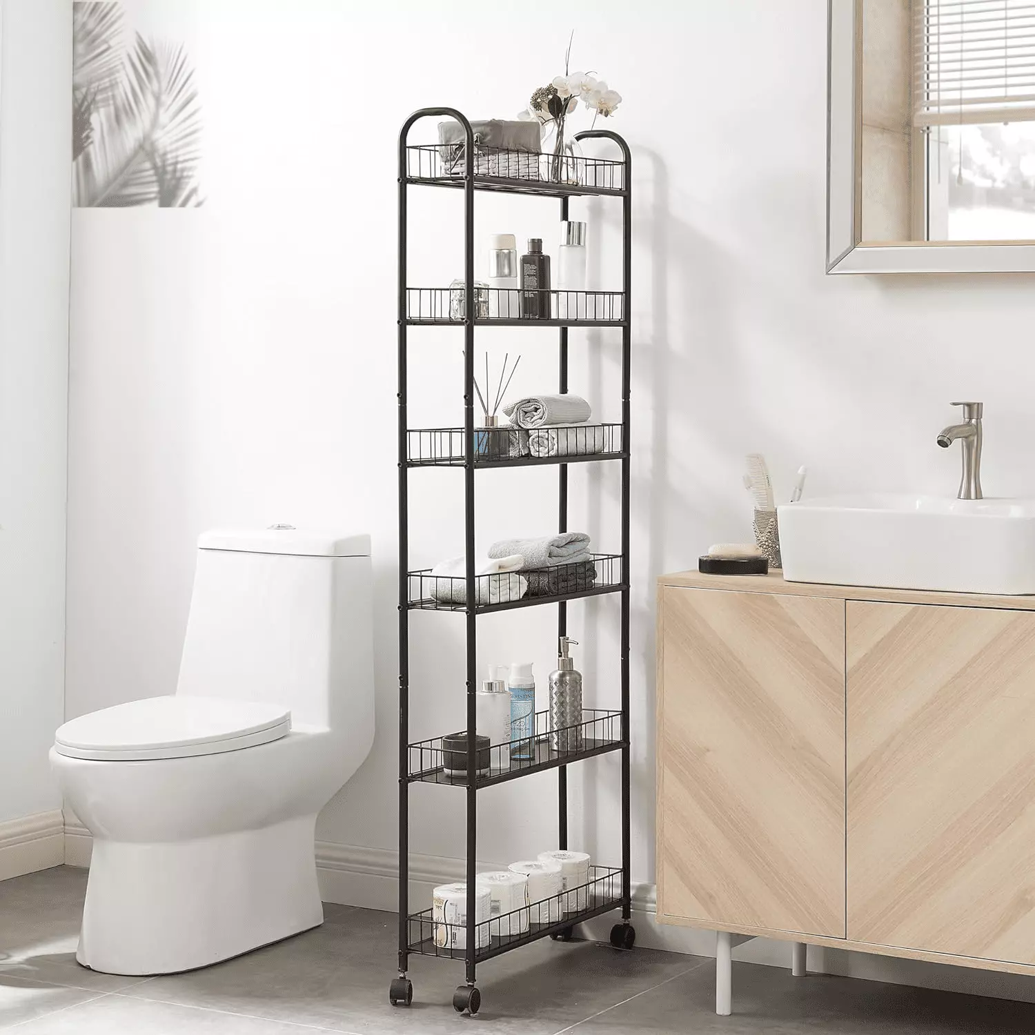 FHWMCHZ Kitchen Slim Slide Out Storage Tower Rack Wheels 6 Baskets Kitchen Bathroom Laundry Narrow Spaces Utility Cart Black
