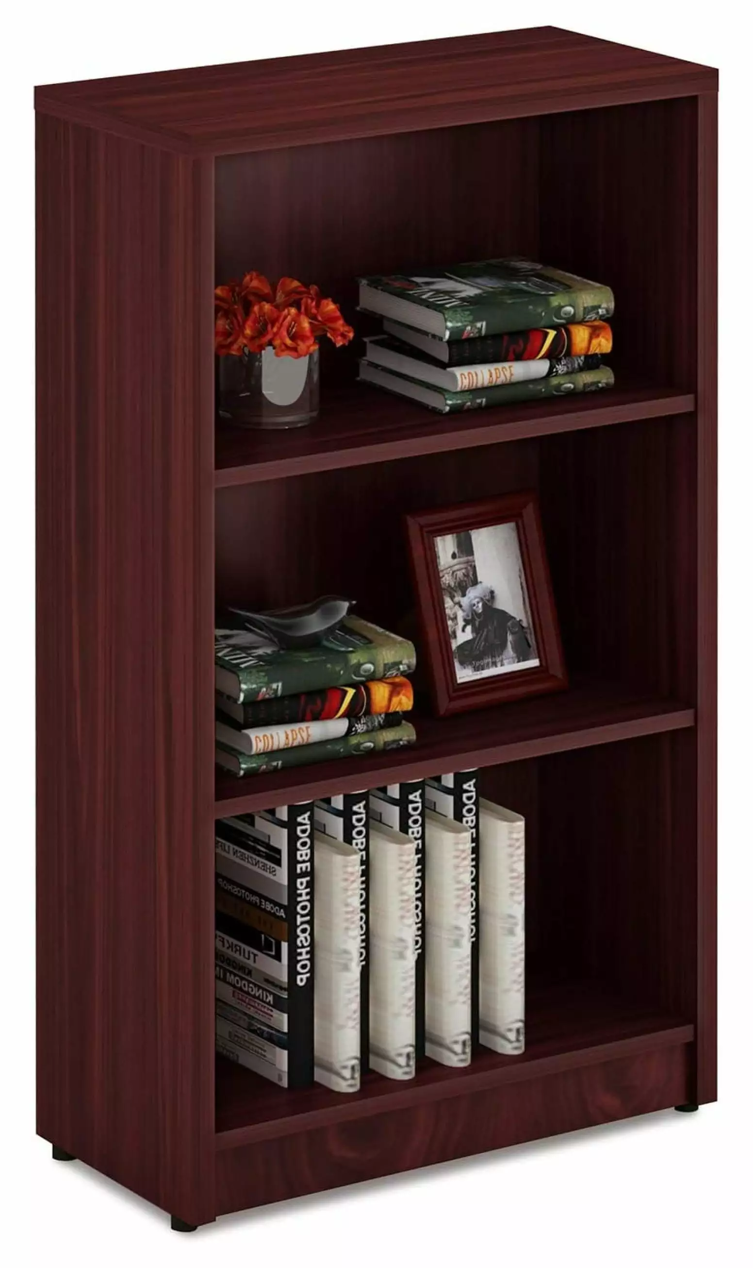 3 Shelf Wood Bookcase Freestanding Display Shelf Adjustable Layers Home Office Library Small Spaces Mahogany Generic