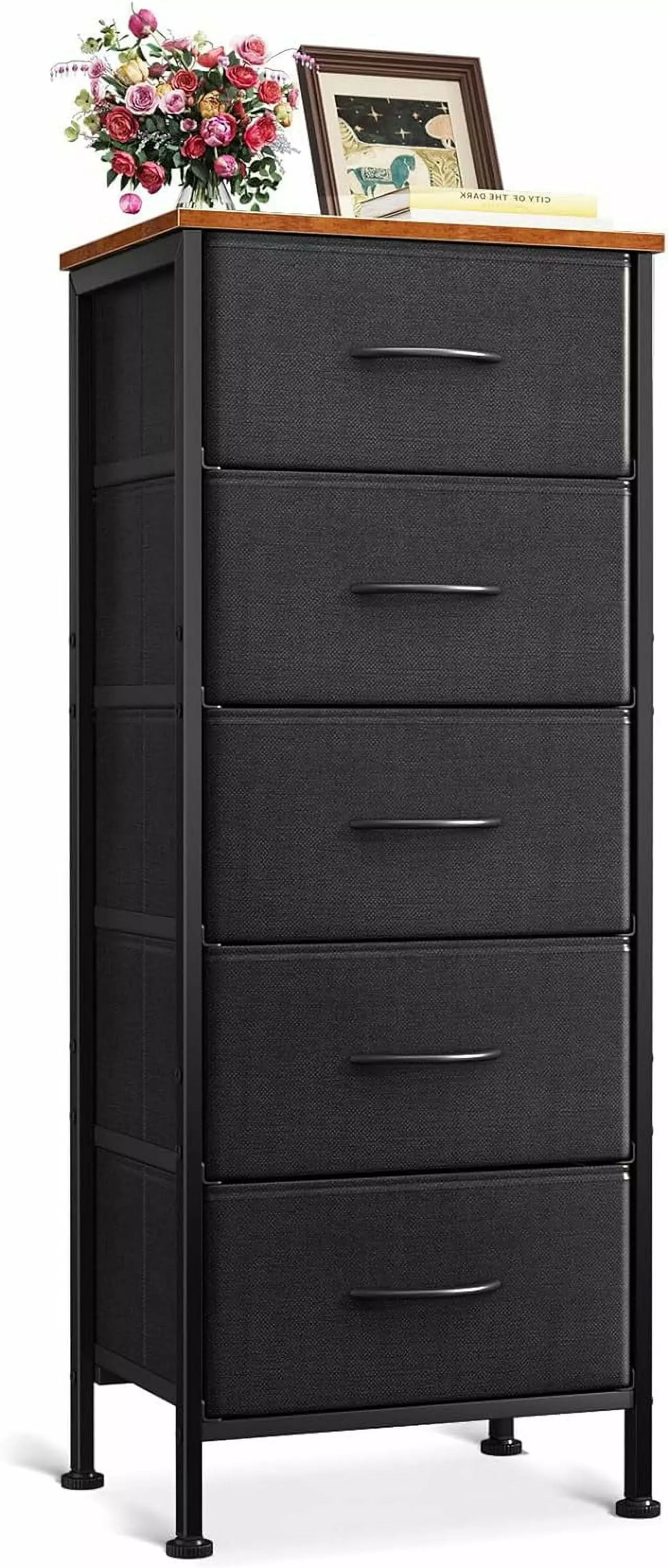 40-Inch Small Dresser Bedroom, 5-Drawer Fabric Storage Tower Sturdy Steel Frame, Black Vintage jq02